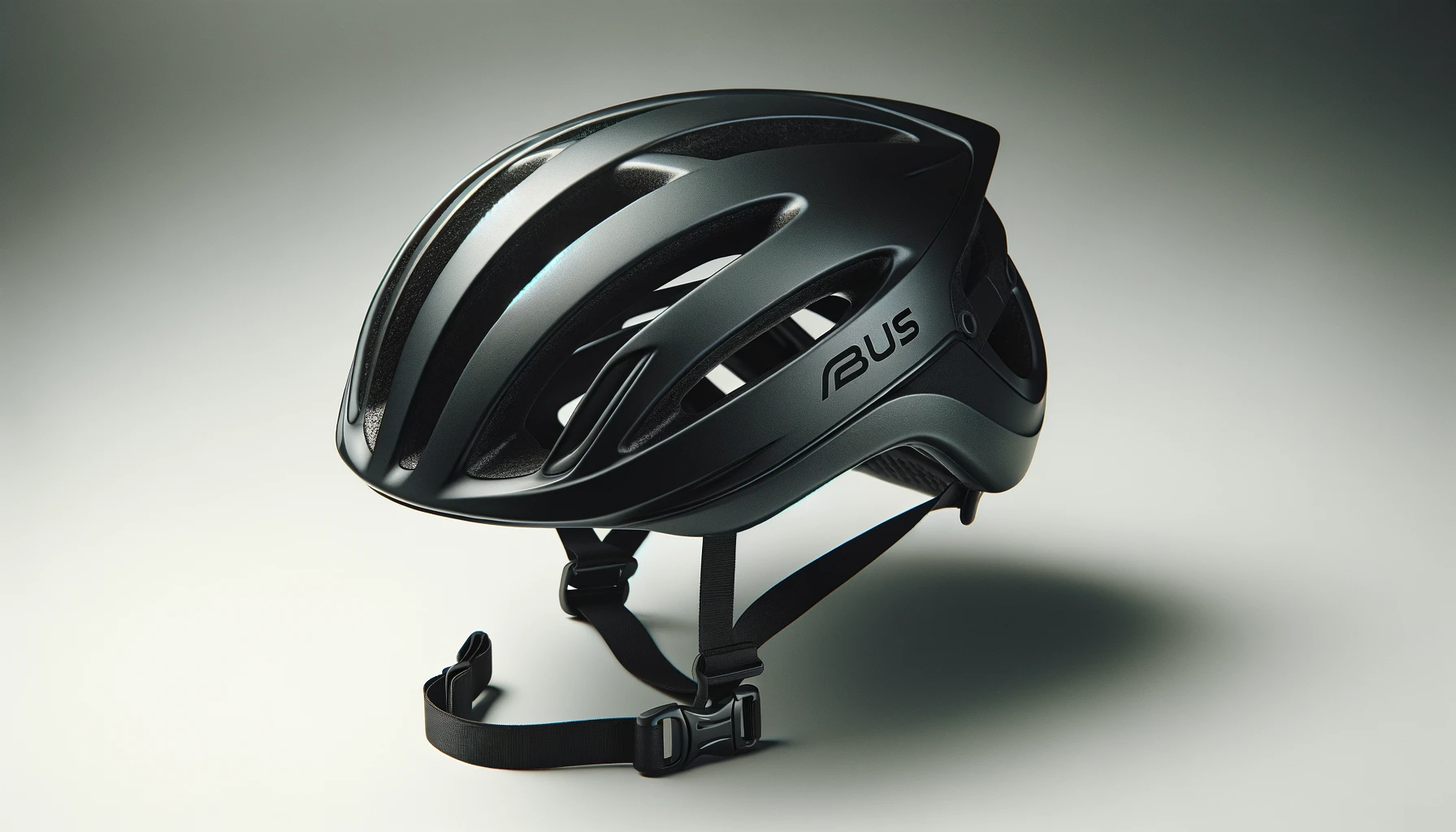 DALL·E-2024-04-10-10.28.23-A-studio-photograph-of-a-matte-black-cycling-helmet.-It-features-a-sleek-aerodynamic-design-with-multiple-ventilation-holes.-The-ABUS-logo-is-promi