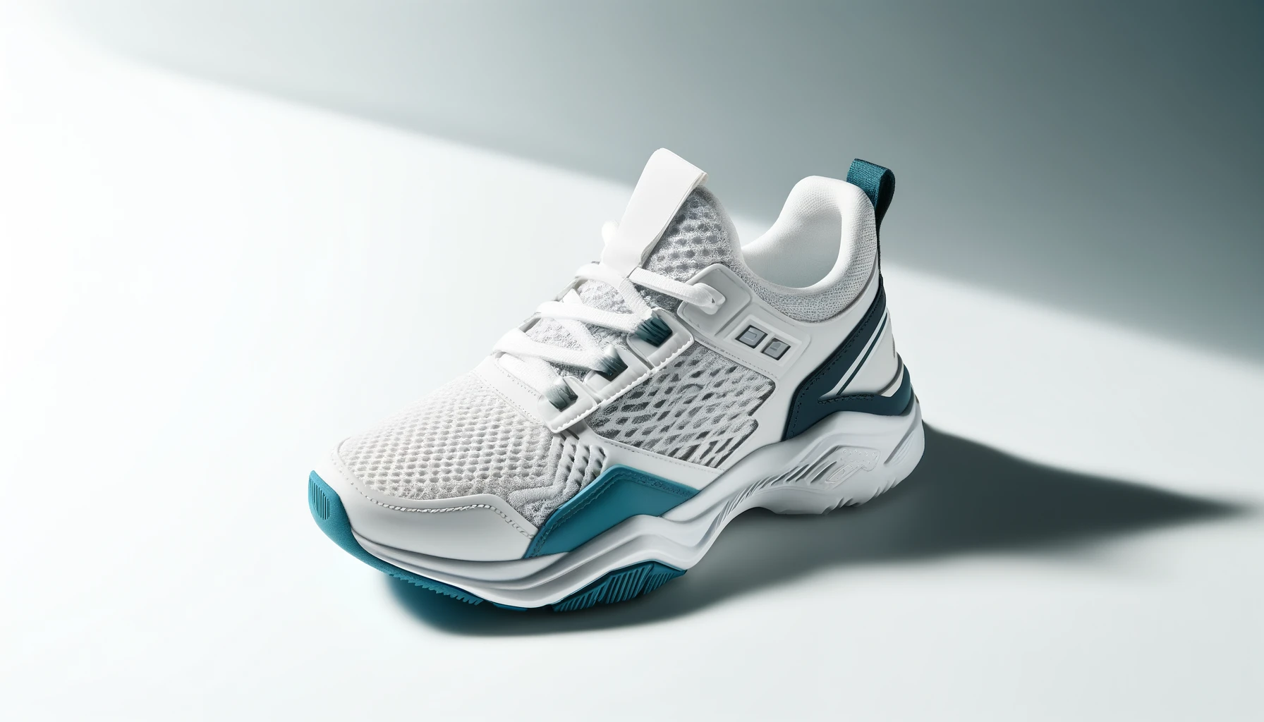 DALL·E-2024-04-10-11.34.34-A-studio-photograph-of-a-modern-white-sport-shoe-with-bold-blue-accents-featuring-breathable-mesh-and-structured-support-panels.-The-white-sole-has-b