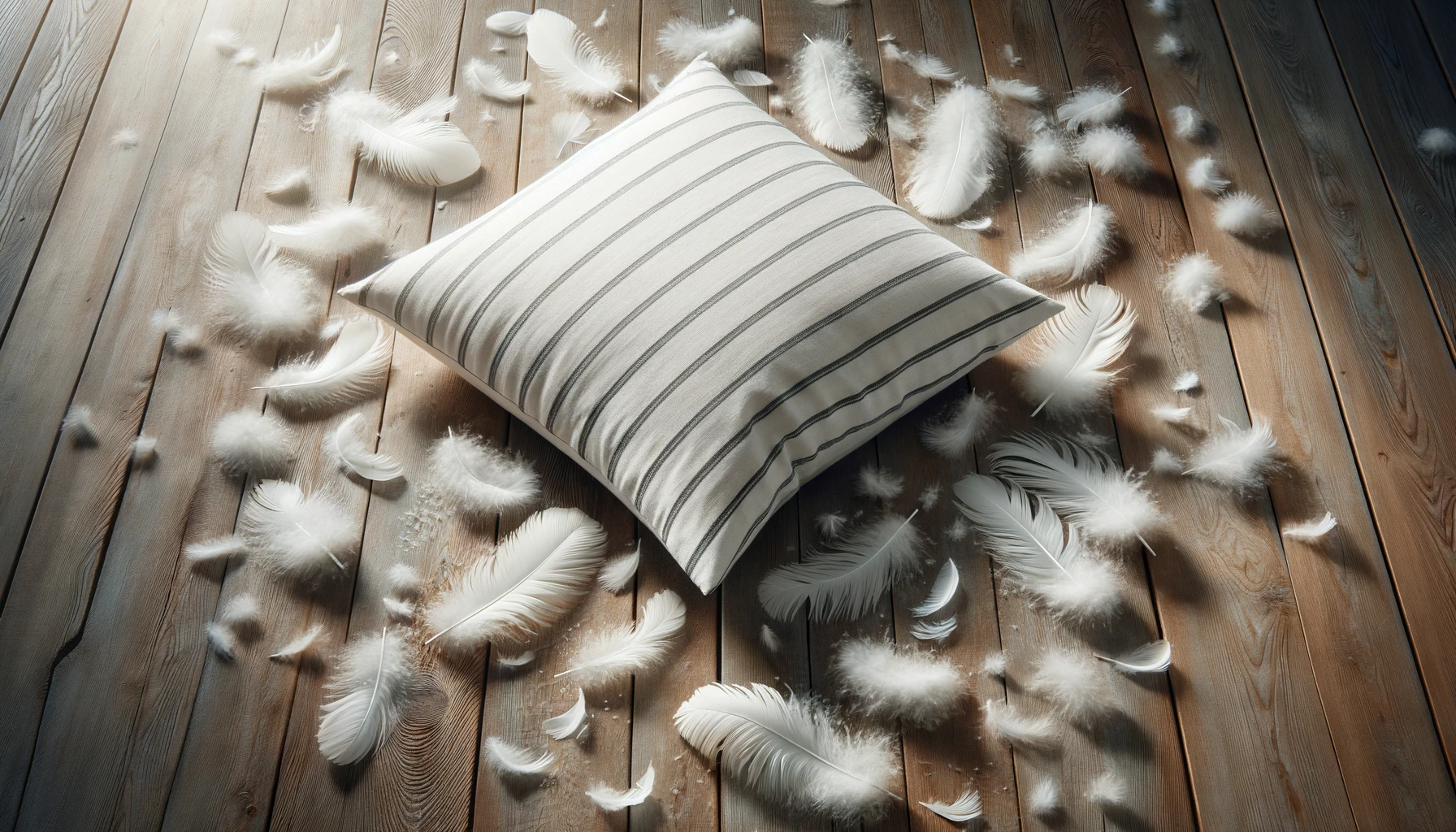 DALL·E-2024-04-10-12.12.01-Create-a-detailed-horizontal-image-of-a-white-striped-pillow-with-scattered-feathers-around-it-on-a-wooden-floor-conveying-a-sense-of-softness-and-na