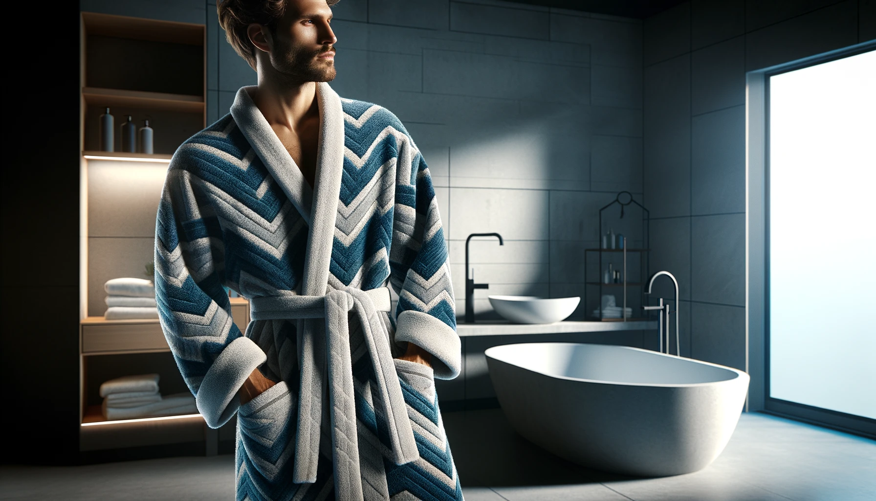 DALL·E-2024-04-10-14.19.19-Create-a-highly-detailed-horizontal-image-of-a-man-in-a-contemporary-bathroom-setting-wearing-a-plush-bathrobe-with-a-zigzag-pattern-in-varying-shad