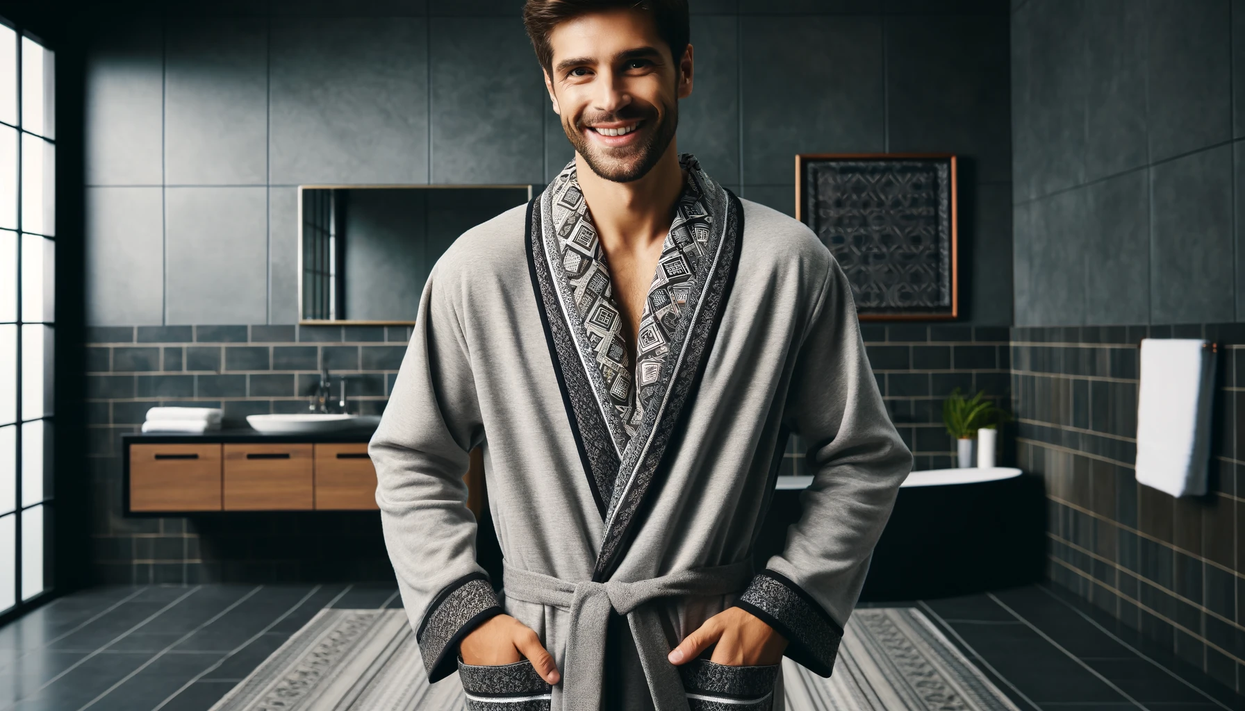 DALL·E-2024-04-10-14.35.30-Create-a-detailed-horizontal-image-of-a-smiling-man-standing-in-a-modern-bathroom-setting-wearing-a-mid-length-grey-bathrobe-with-a-contrasting-patte