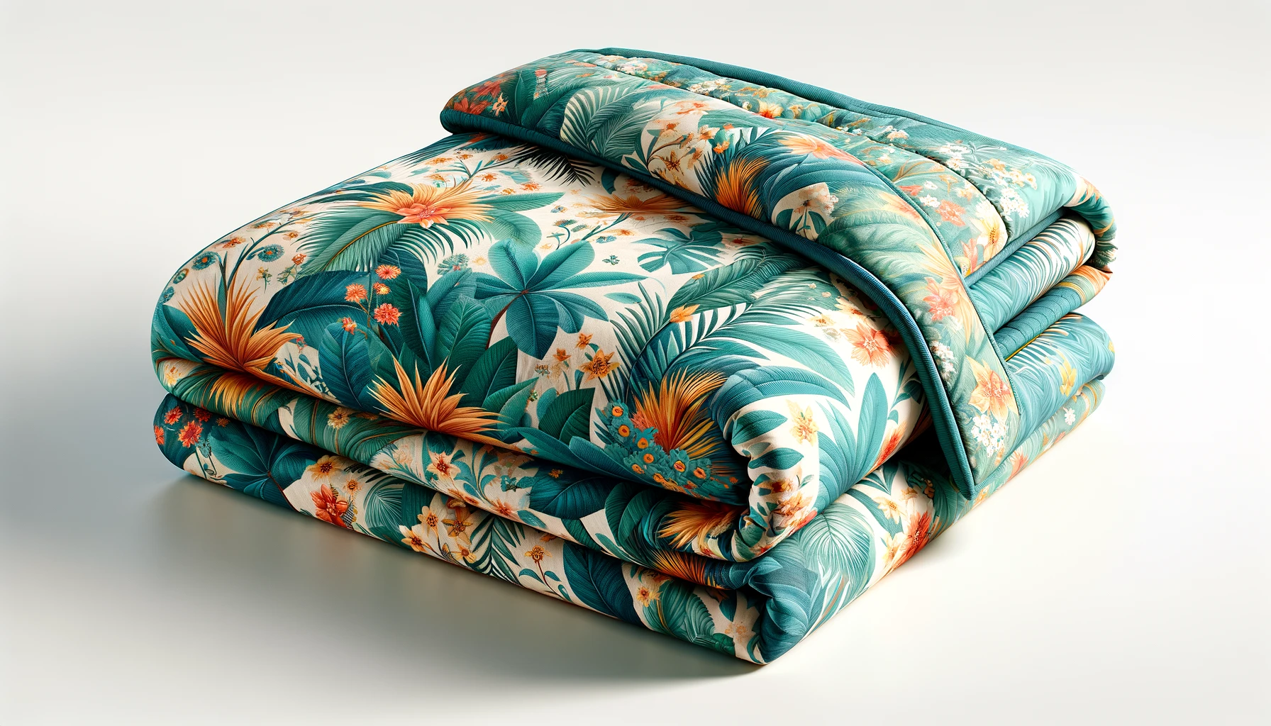 DALL·E-2024-04-10-16.14.46-Create-a-detailed-horizontal-image-of-a-folded-couch-duvet-in-a-bright-and-colorful-floral-pattern-with-shades-of-teal-featuring-palm-trees-and-small