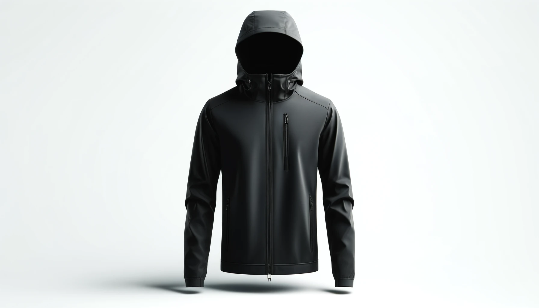 DALL·E-2024-04-10-19.01.49-Create-an-image-of-a-modern-sleek-black-rain-jacket-with-a-hood-displayed-against-a-plain-white-background.-The-jacket-should-be-zipped-up-and-appea