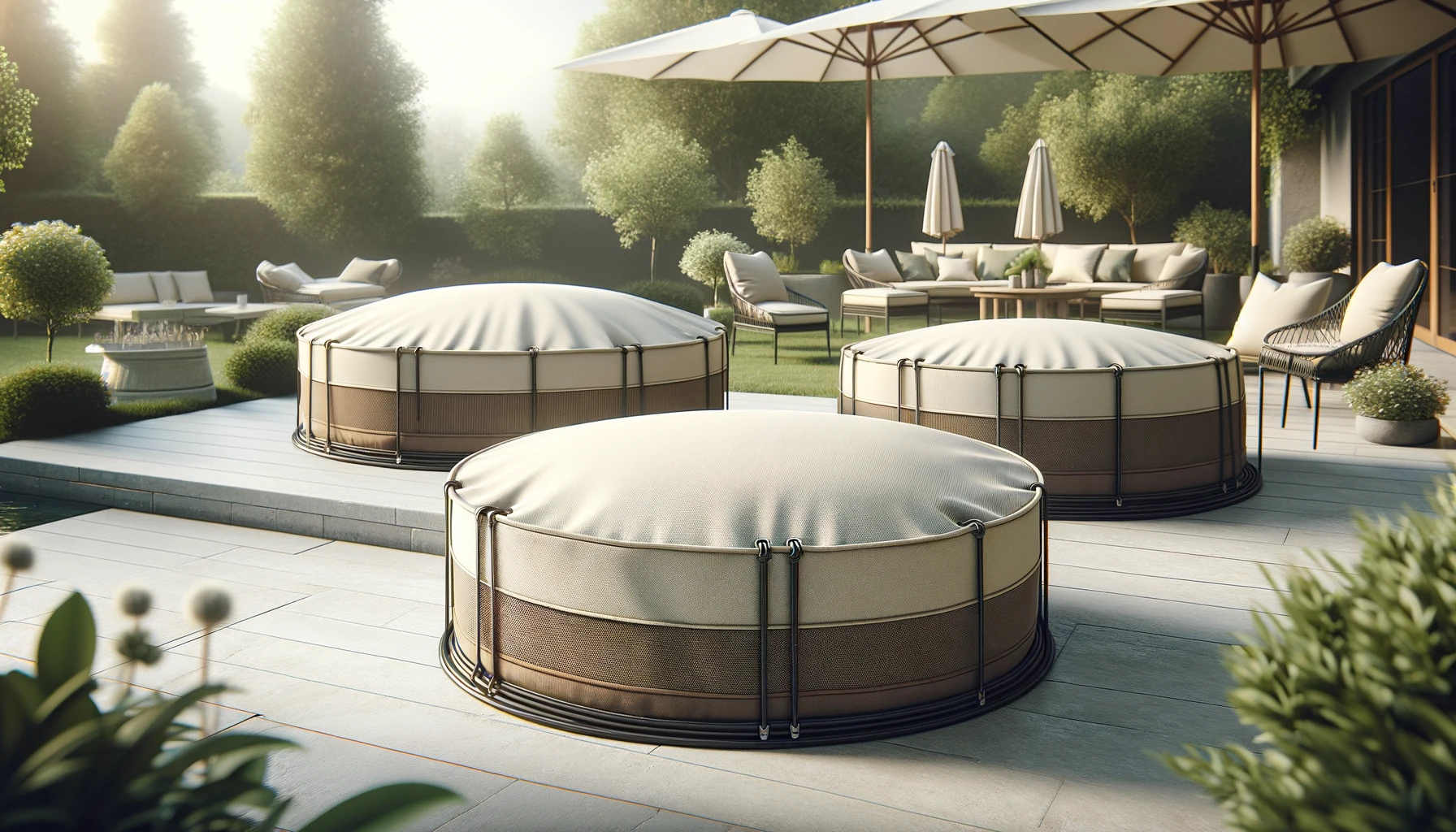 DALL·E-2024-04-10-19.03.52-Create-a-high-quality-detailed-image-of-two-round-garden-furniture-covers.-They-should-be-designed-in-3D-perspective-and-placed-in-an-outdoor-setting