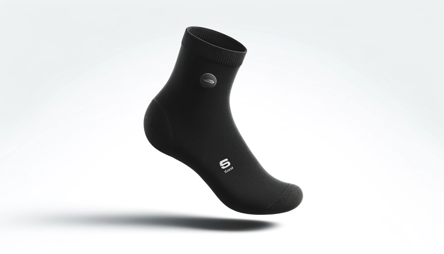 DALL·E-2024-04-11-06.17.46-Create-an-image-of-a-single-black-neoprene-swim-sock-placed-against-a-white-background.-The-sock-should-have-a-5mm-thickness-marking-and-a-visible-zip