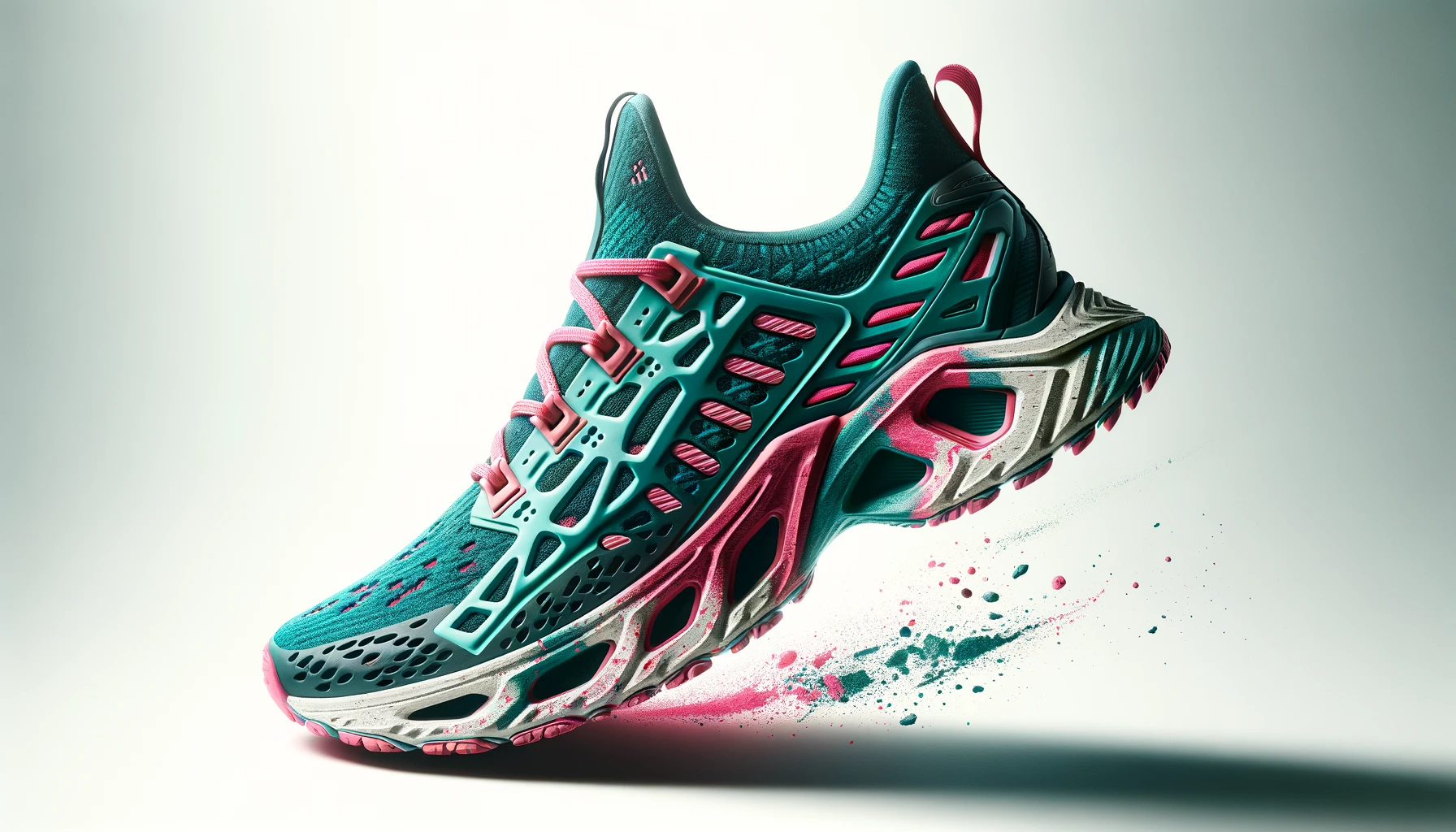 DALL·E-2024-04-11-06.38.53-Create-an-image-of-a-running-shoe-with-a-dynamic-design.-The-main-color-should-be-teal-with-pink-laces.-The-shoe-should-have-a-structured-pattern-with