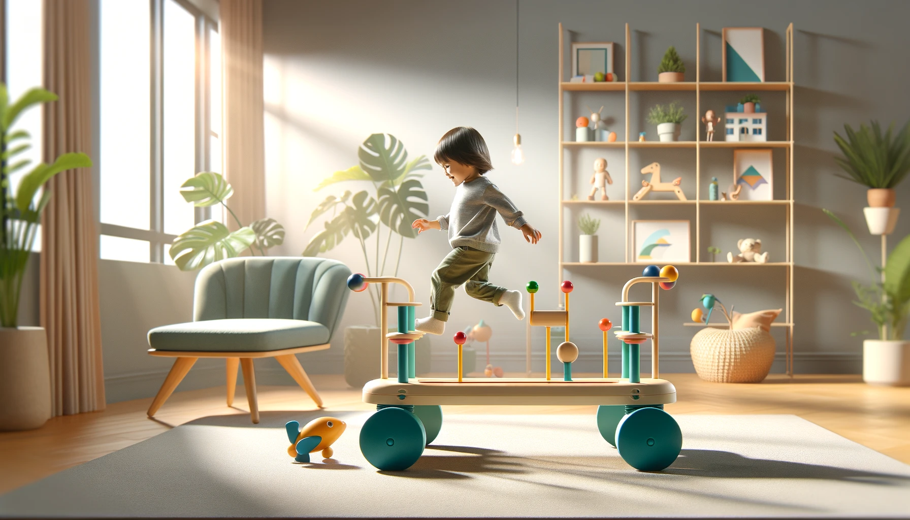 DALL·E-2024-04-11-07.30.29-Create-a-16_9-full-HD-wide-image-that-depicts-an-indoor-scene-with-a-child-playing-on-a-balance-board-toy.-The-toy-consists-of-four-teal-bases-with-a-