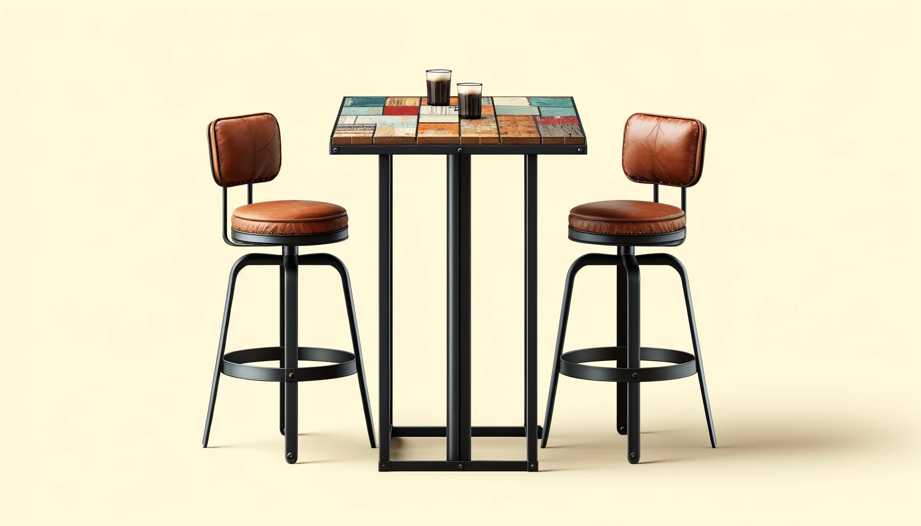 DALL·E-2024-04-11-18.20.11-Create-a-detailed-horizontal-image-of-a-bar-set-including-two-high-stools-and-a-square-table.-The-stools-should-have-brown-leather-goat-seats-with-bla