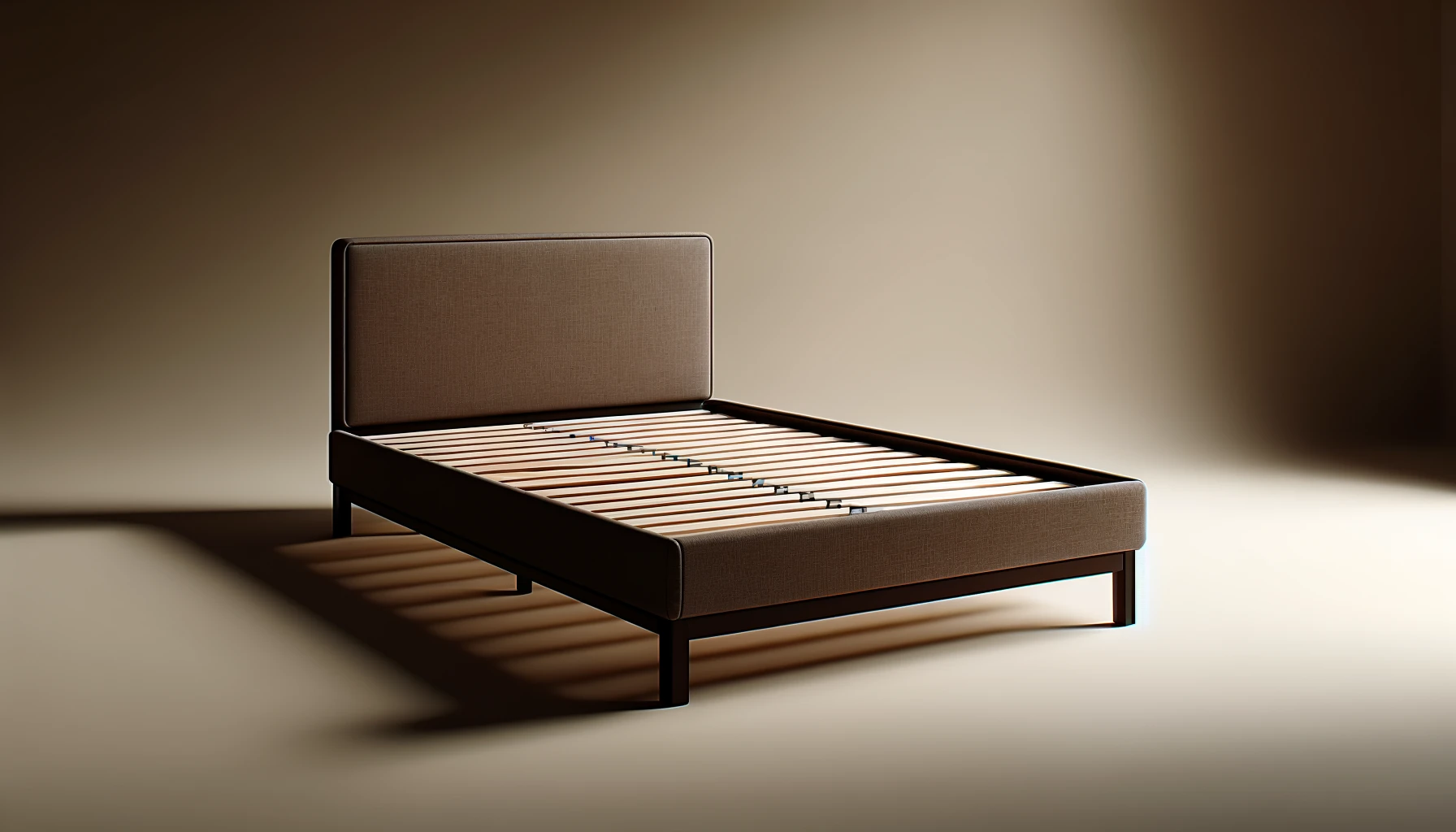 DALL·E-2024-04-11-19.01.35-Create-a-high-quality-detailed-horizontal-image-of-a-dark-brown-fabric-bed-base-with-slats.-The-bed-base-should-have-a-simple-clean-design-fitting-