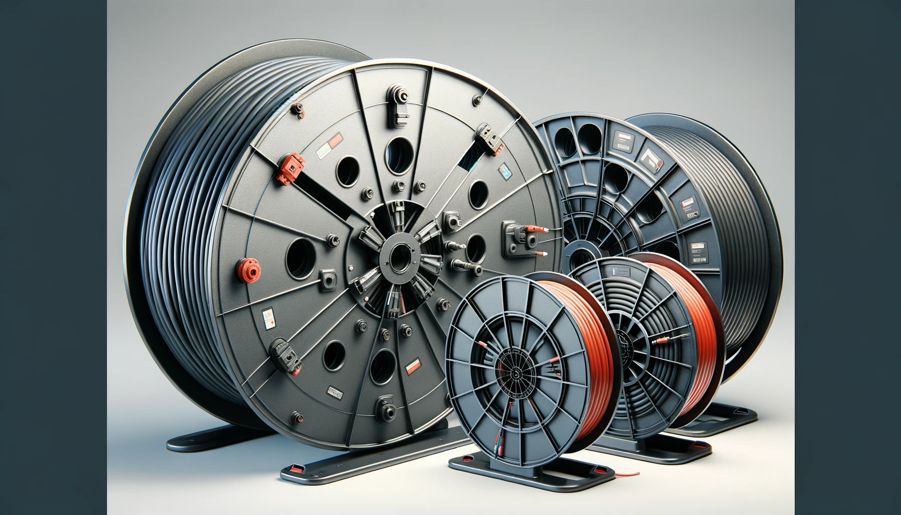 DALL·E-2024-04-11-19.18.40-Image-of-three-industrial-cable-reels-of-varying-sizes.-Each-reel-should-have-cables-neatly-wound-around-it.-The-largest-reel-should-be-on-the-left-wi