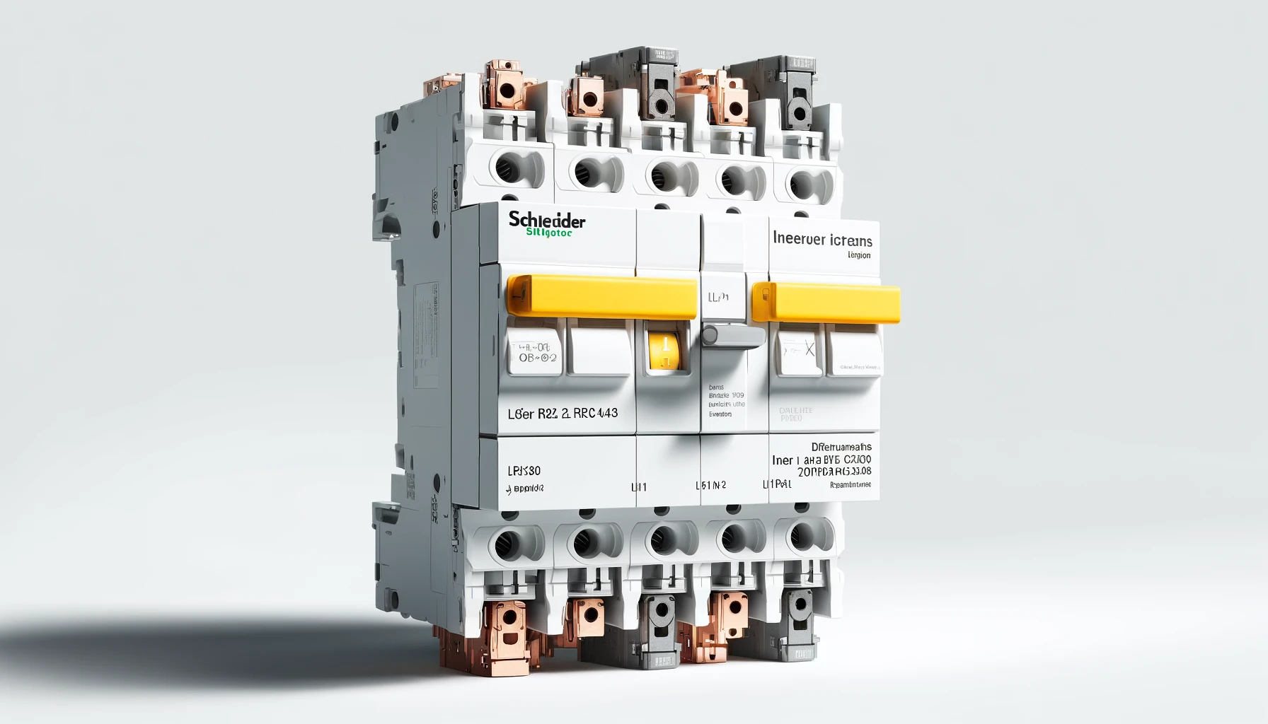 DALL·E-2024-04-11-20.45.34-An-image-featuring-electrical-components-from-Schneider-Electric.-In-the-center-a-white-and-yellow-differential-circuit-breaker-with-the-Schneider-El