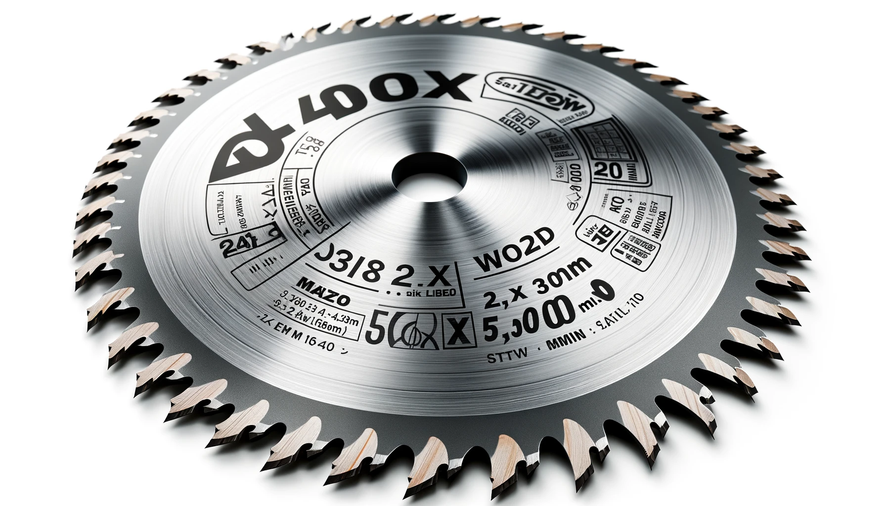 DALL·E-2024-04-11-20.55.38-A-high-resolution-image-of-a-circular-saw-blade-on-a-white-background.-The-blade-is-metallic-silver-with-black-printed-text-and-logos.-It-should-have-