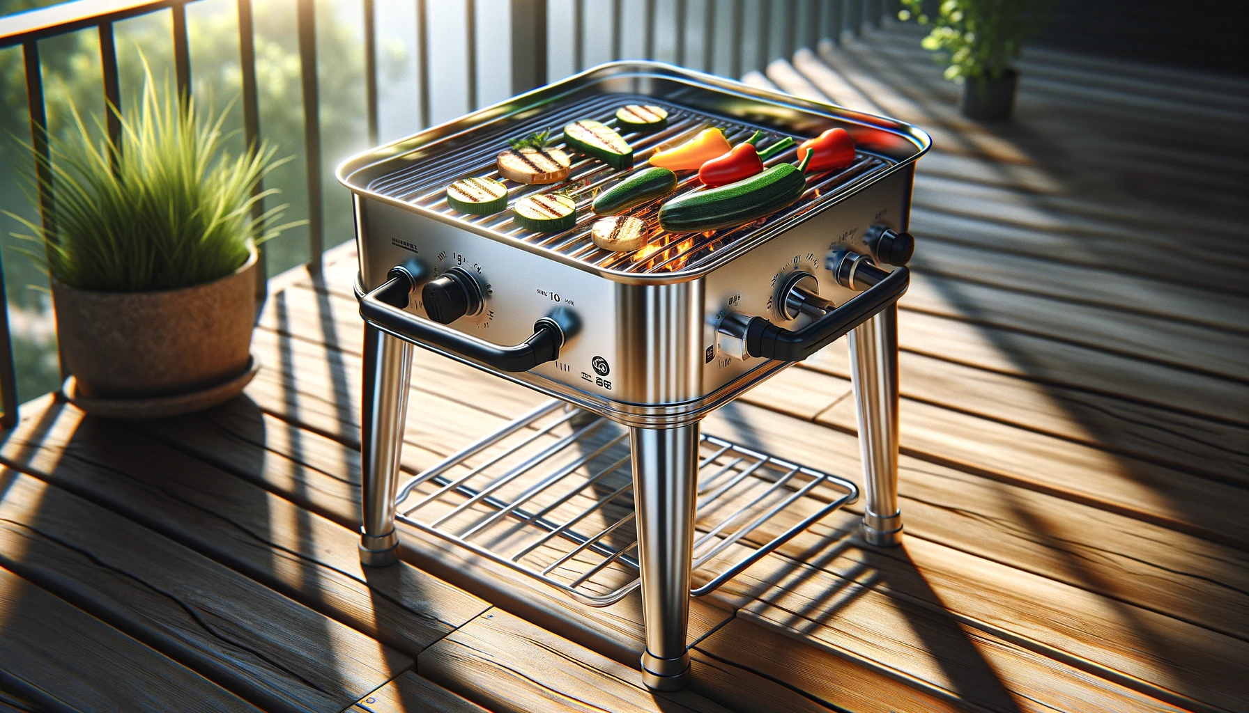 DALL·E-2024-04-11-21.34.15-A-detailed-image-of-a-stainless-steel-portable-barbecue-grill-placed-on-a-wooden-deck.-The-grill-has-a-rectangular-shape-with-an-open-top-and-visible-