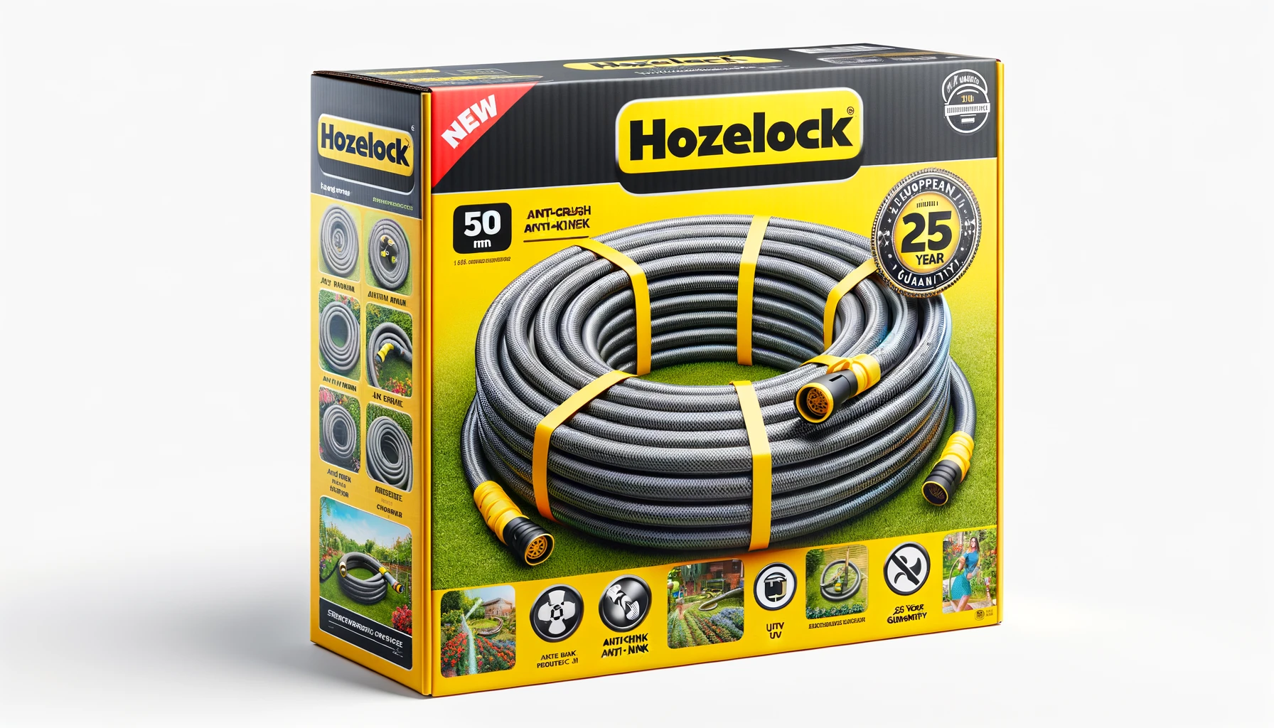 DALL·E-2024-04-11-21.40.31-A-16_9-Full-HD-image-of-a-coiled-gray-garden-hose-with-yellow-and-black-accents-on-a-product-packaging.-The-packaging-is-bright-yellow-with-the-word-