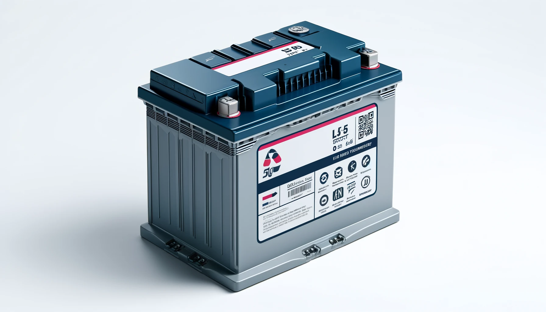 DALL·E-2024-04-11-21.51.09-Create-a-16_9-Full-HD-image-of-a-car-battery-on-a-white-background.-The-battery-has-a-grey-body-with-a-blue-top-and-white-details.-It-features-a-promi
