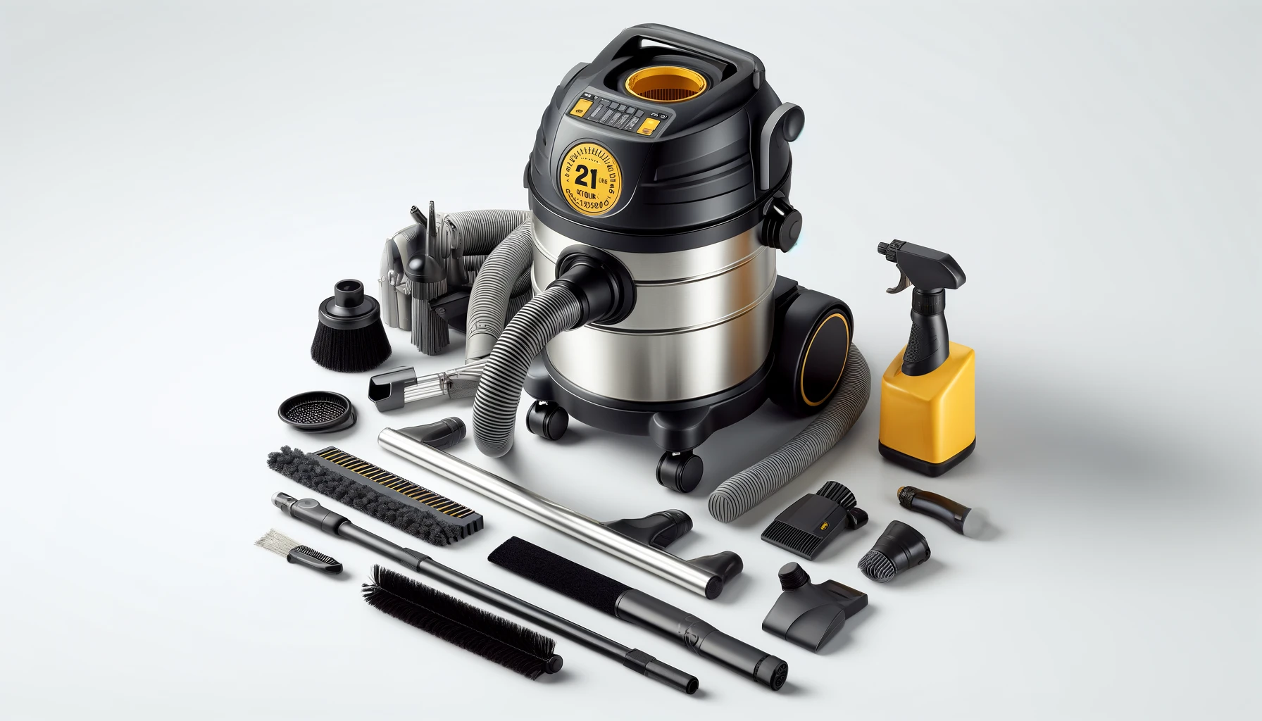 DALL·E-2024-04-12-06.54.46-Create-a-16_9-Full-HD-image-of-a-professional-wet-and-dry-vacuum-cleaner.-The-vacuum-has-a-stainless-steel-body-with-a-black-top-where-the-motor-is-ho