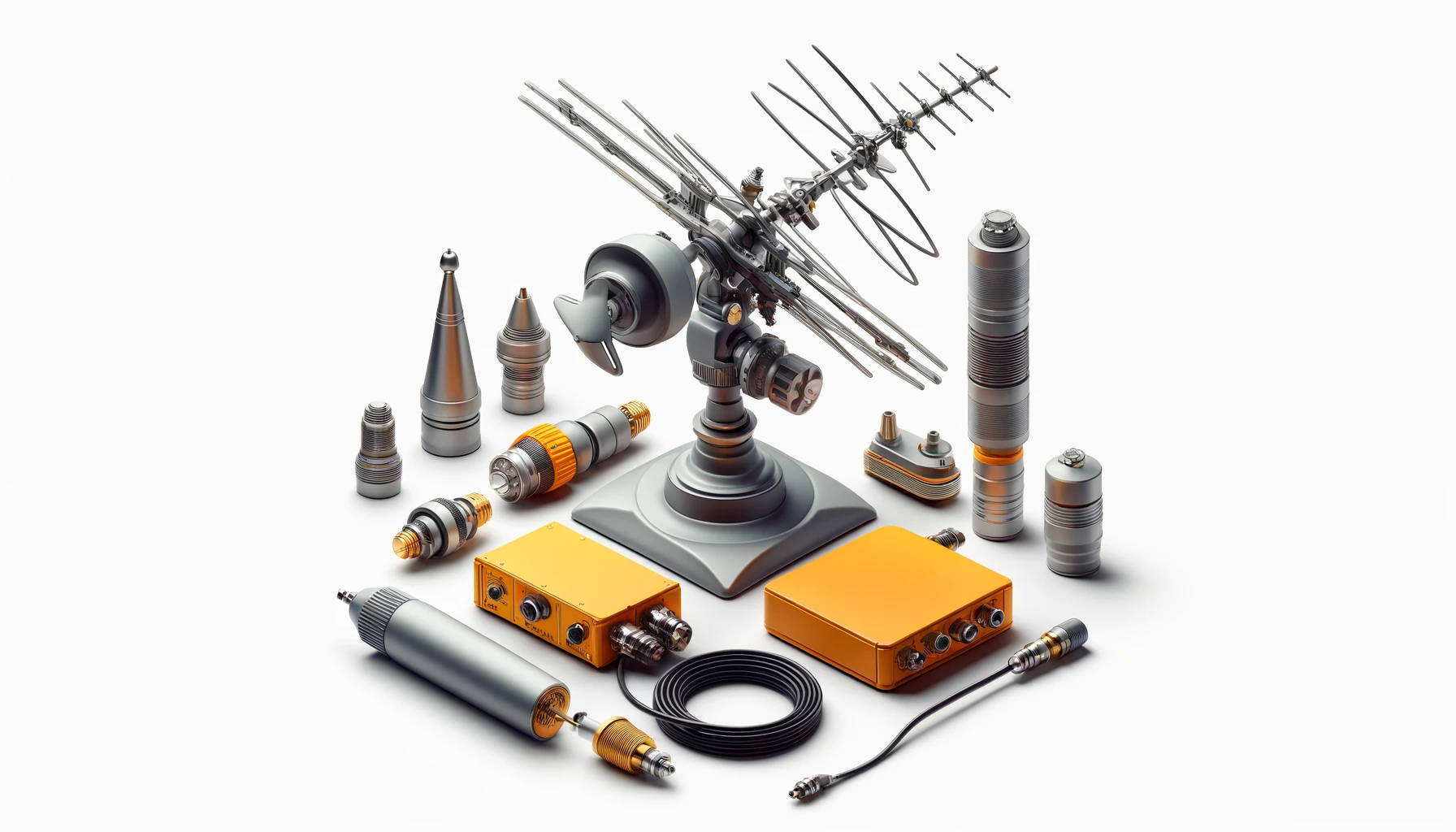 DALL·E-2024-04-12-06.58.38-Create-a-16_9-Full-HD-image-of-an-array-of-TV-antenna-equipment-against-a-white-background.-Include-a-metallic-grey-antenna-with-multiple-cross-elemen