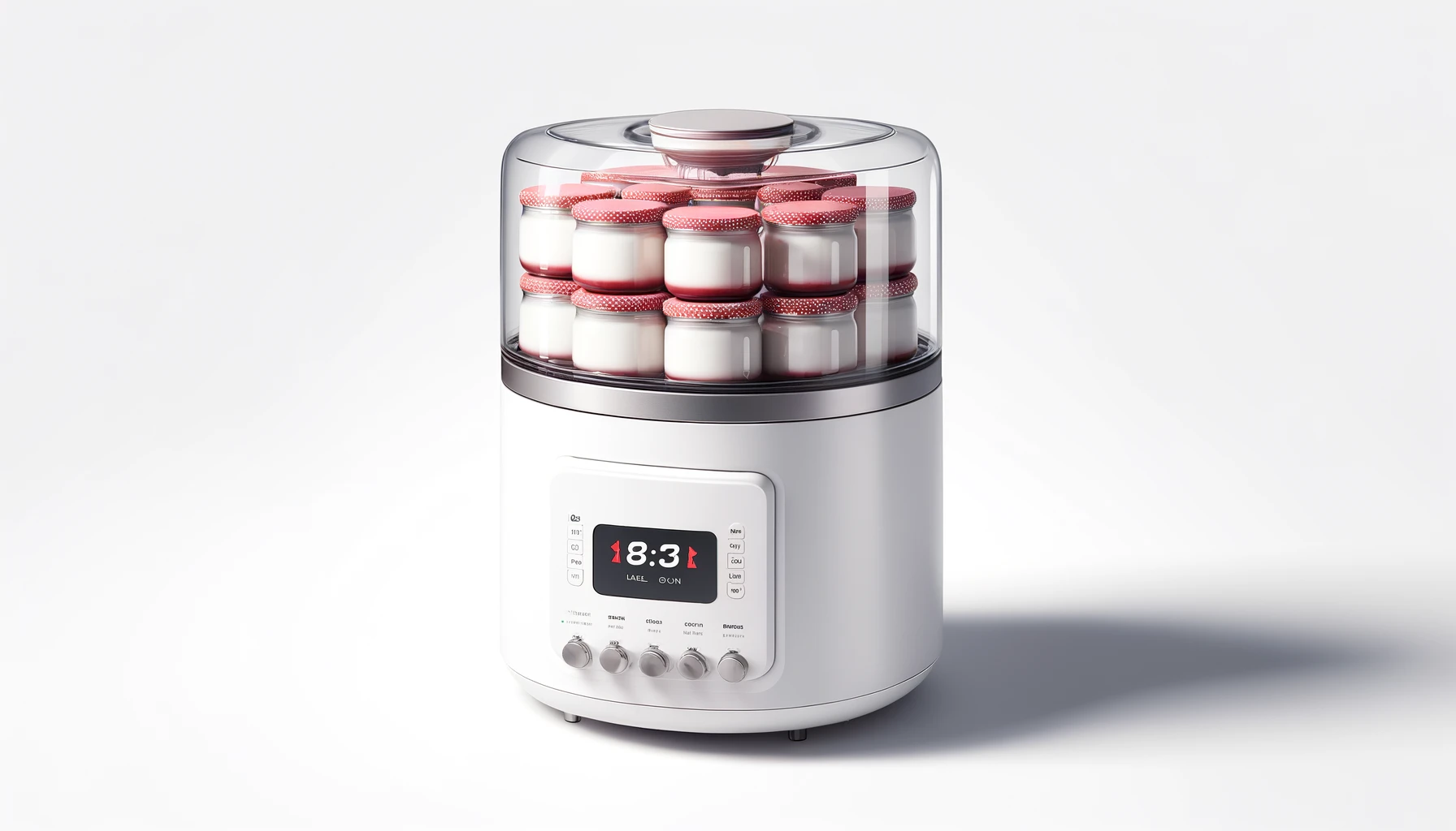 DALL·E-2024-04-12-07.42.08-Create-a-16_9-Full-HD-image-of-a-white-yogurt-maker-with-a-clear-top-lid-and-seven-red-lidded-jars-inside.-The-device-has-control-buttons-and-an-LCD-d