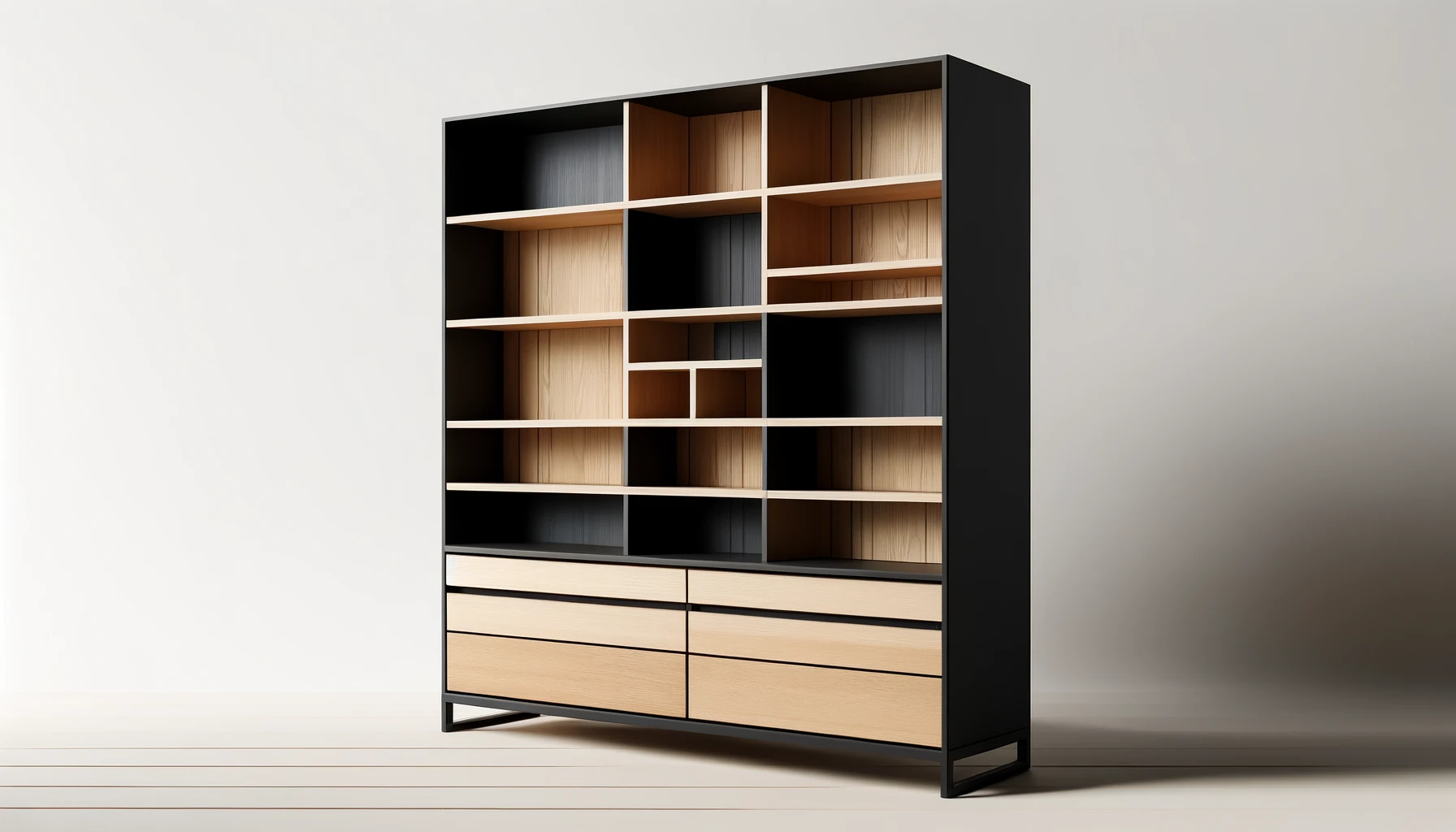 DALL·E-2024-04-12-12.29.47-A-modern-bookshelf-with-a-combination-of-black-and-natural-wood-tones.-The-design-is-minimalistic-featuring-clean-lines-and-a-sleek-structure.-The-bo