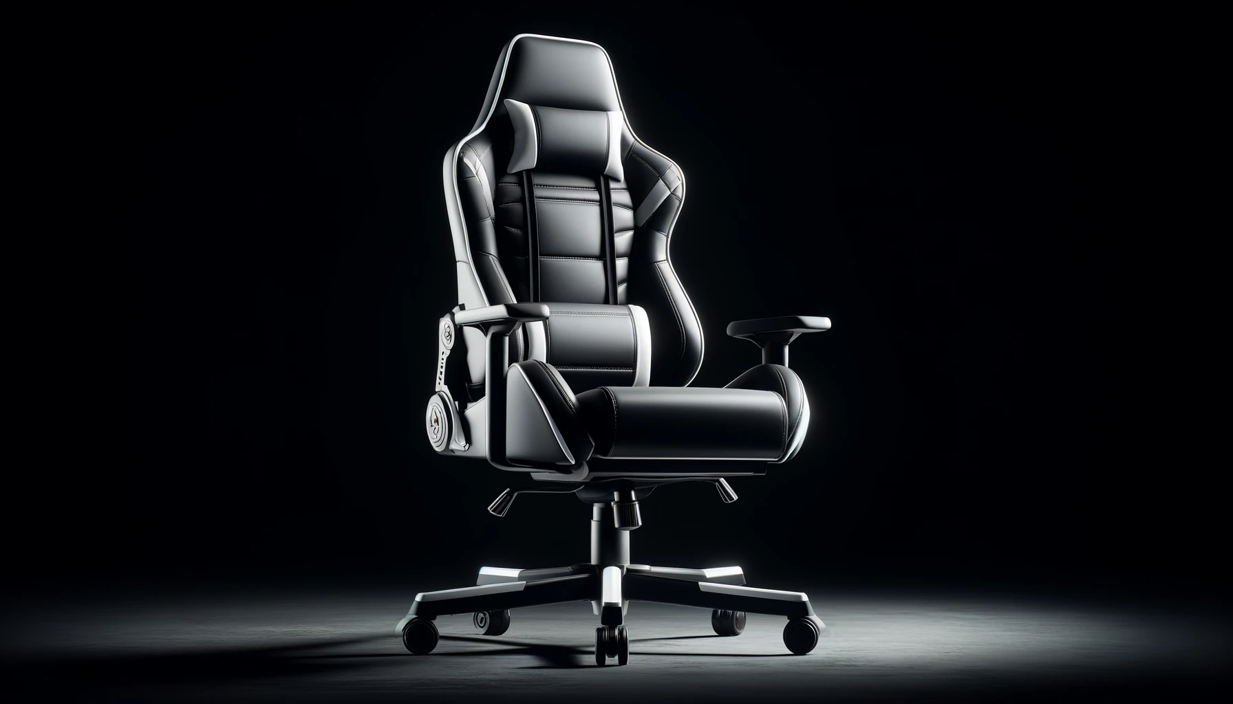 DALL·E-2024-04-12-12.41.12-A-high-end-gaming-chair-designed-for-comfort-and-style.-The-chair-is-black-with-white-accents-and-features-a-high-backrest-with-built-in-lumbar-suppor