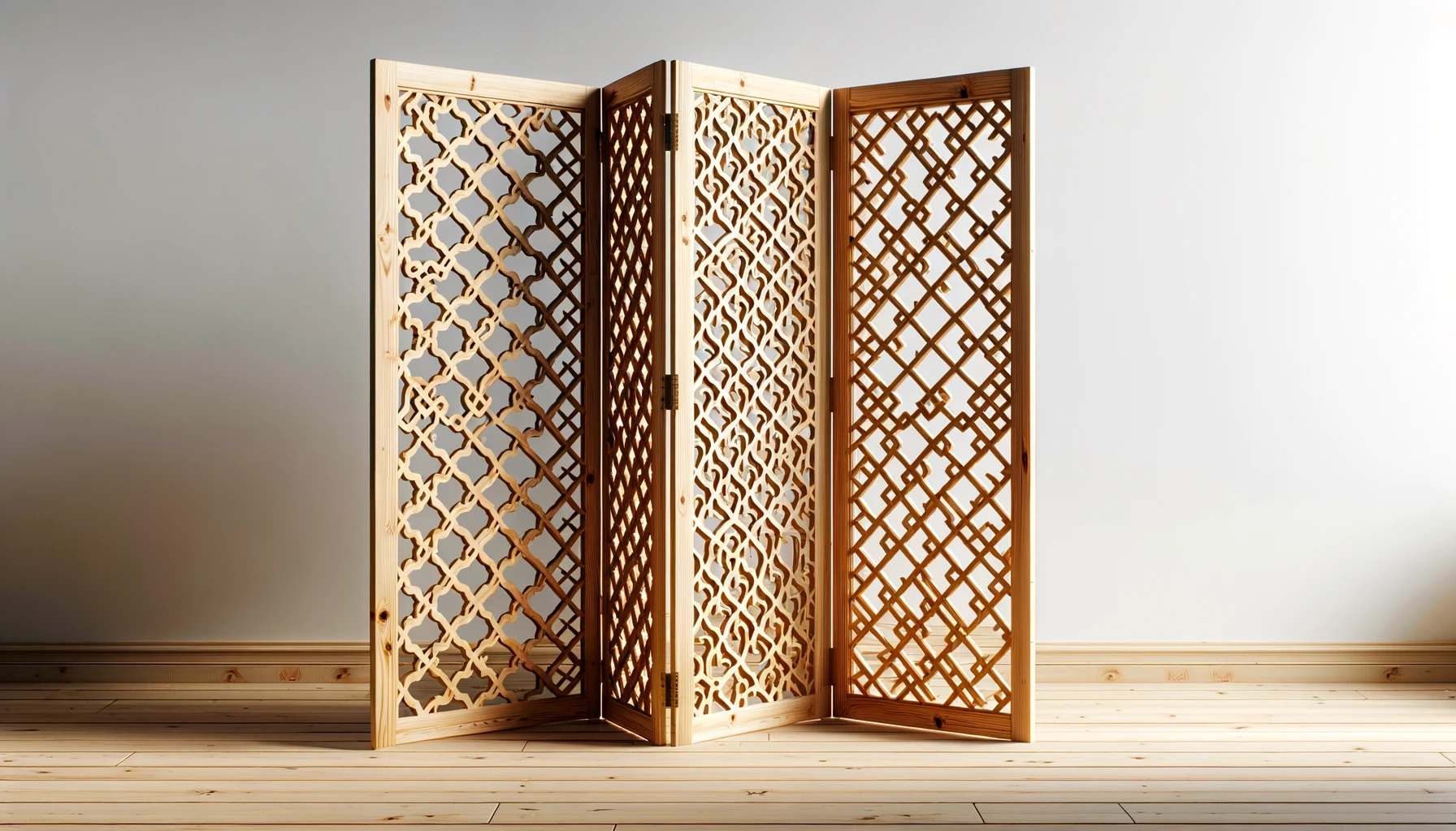 DALL·E-2024-04-12-17.04.02-A-three-panel-solid-fir-wood-room-divider-with-a-lattice-design.-Each-panel-has-a-dense-grid-of-square-cutouts-creating-a-trellis-pattern-that-offers