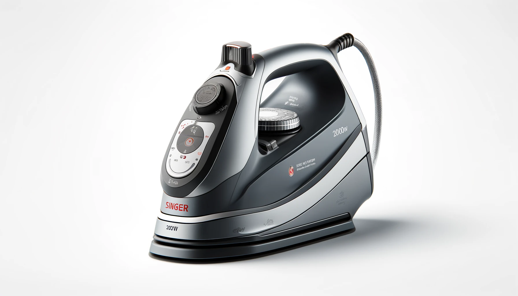 DALL·E-2024-04-12-17.30.01-A-modern-2000W-steam-generator-iron-by-Singer-in-grey.-The-main-unit-is-compact-with-a-streamlined-design-consisting-of-a-large-water-tank-and-a-cont