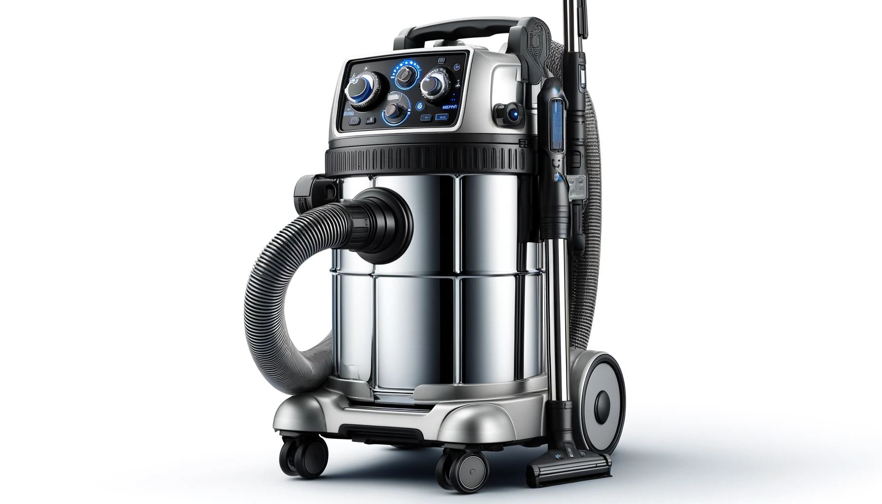 DALL·E-2024-04-12-18.01.24-A-versatile-wet-and-dry-vacuum-cleaner-with-a-modern-design.-The-body-is-silver-made-from-robust-reflective-metal-with-black-trims-and-blue-accents