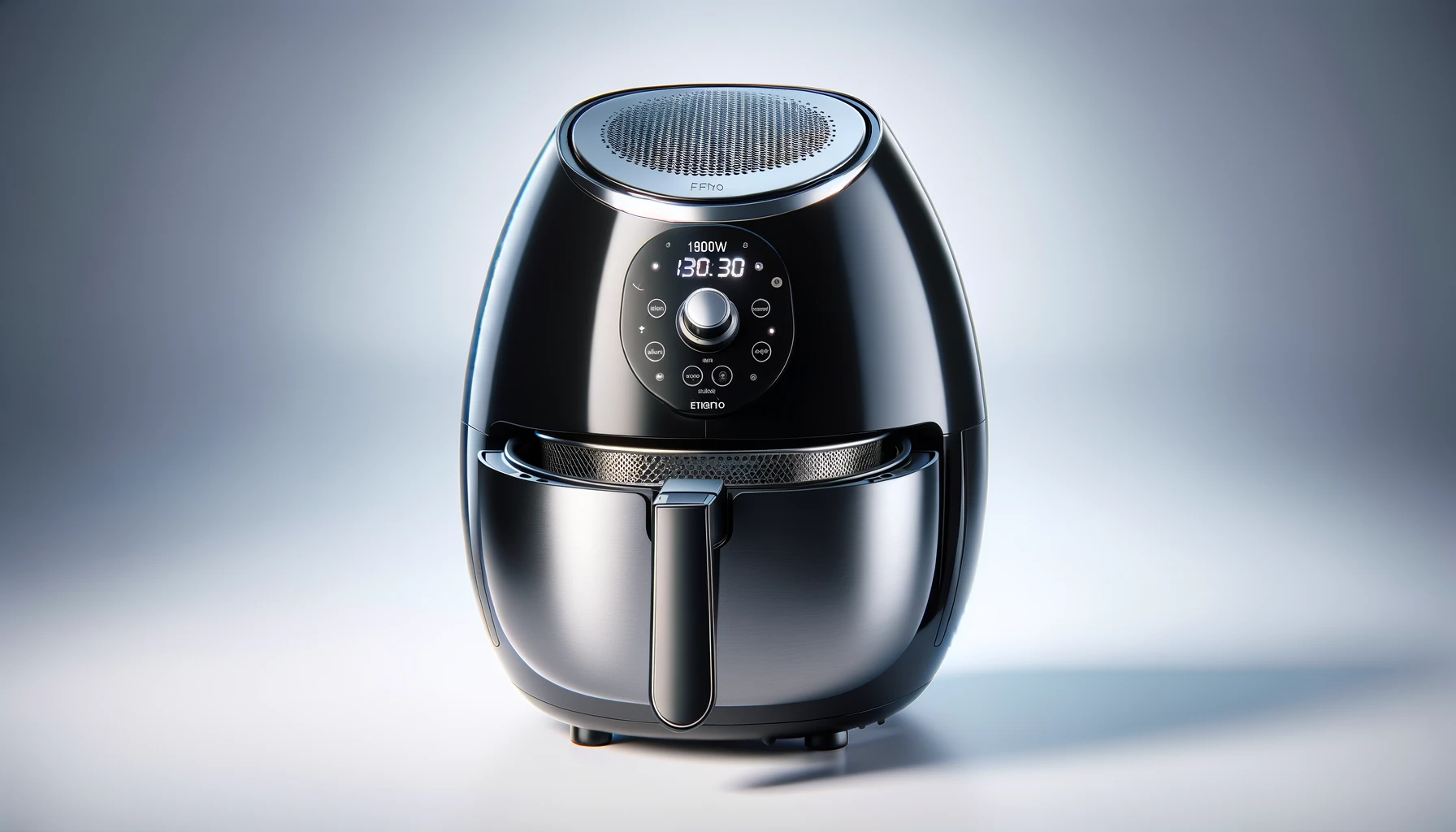 DALL·E-2024-04-12-18.48.18-A-modern-black-1800W-smart-air-fryer-model-AF-110385-by-Emerio.-The-air-fryer-has-a-sleek-egg-shaped-design-with-a-silver-top-and-a-digital-control-