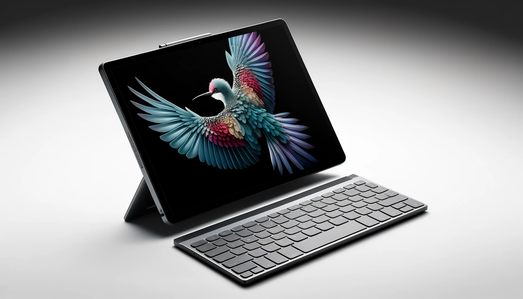 DALL·E-2024-04-17-18.49.48-A-modern-tablet-computer-with-a-detachable-keyboard-featuring-a-kickstand-for-upright-positioning.-The-screen-displays-a-striking-image-of-a-bird-wit