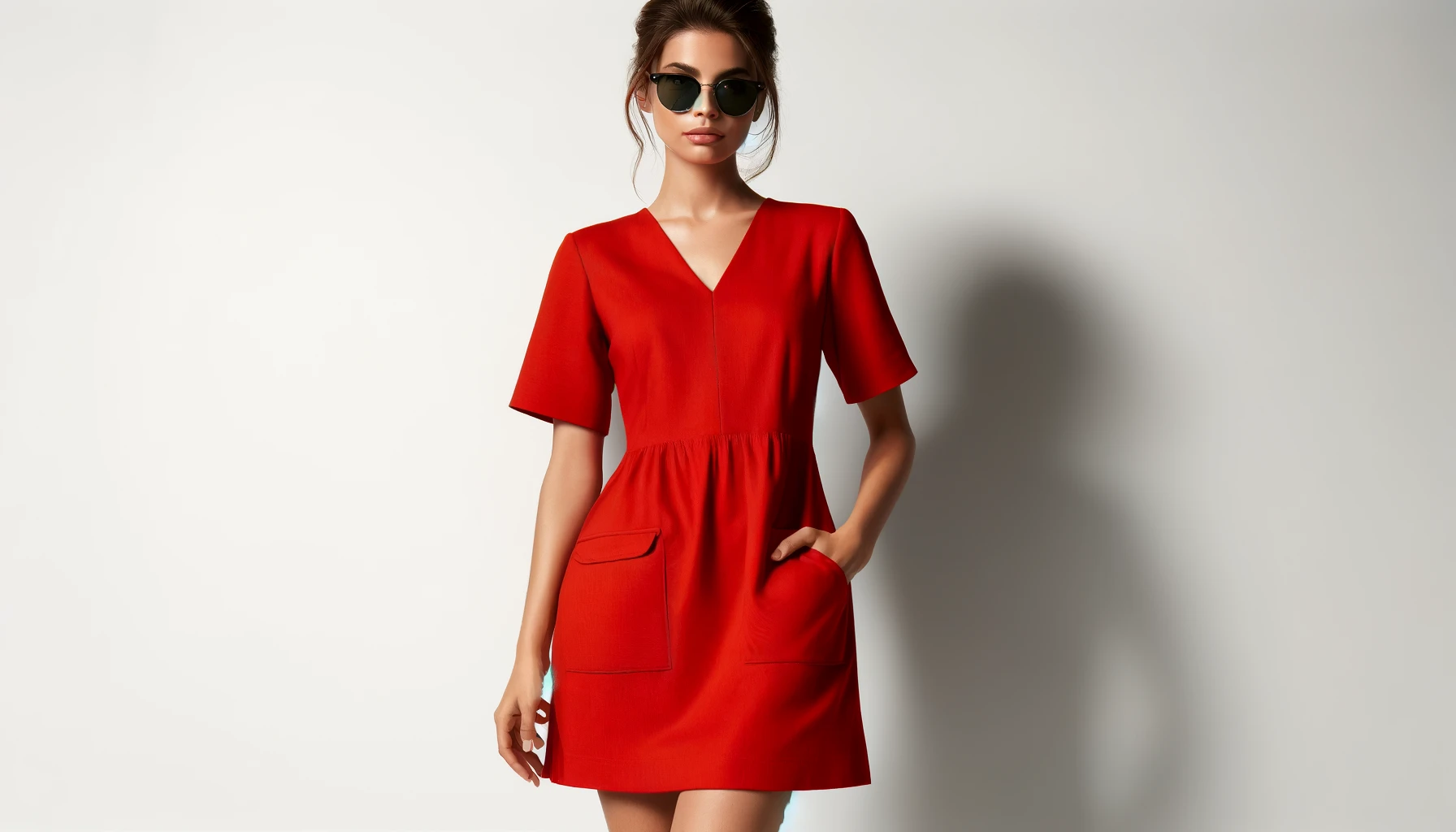 DALL·E-2024-04-18-18.29.45-Create-an-image-in-a-16_9-aspect-ratio-featuring-a-woman-in-a-bright-solid-red-short-sleeved-dress-that-falls-just-above-the-knee.-The-dress-has-a-s