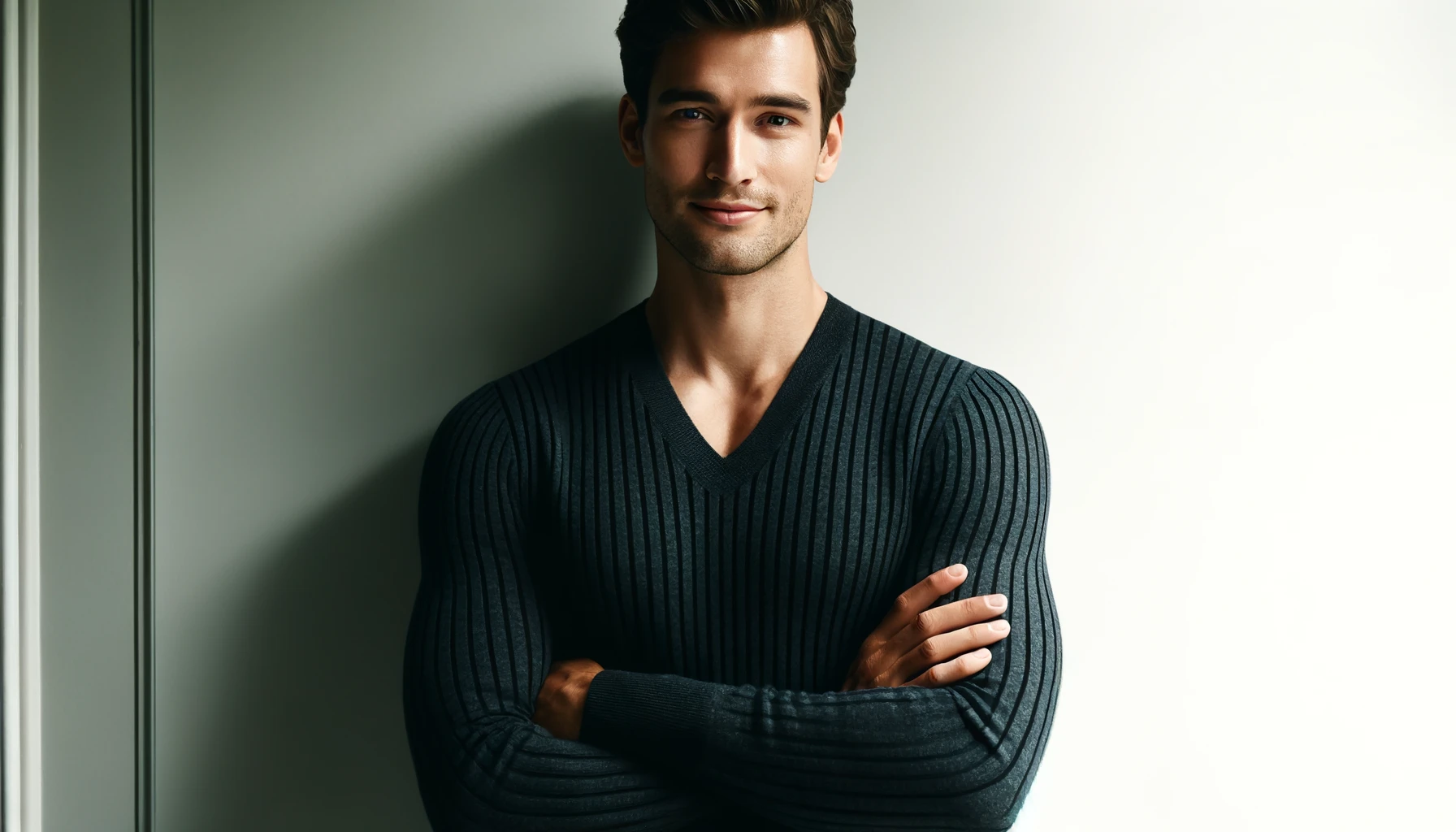 DALL·E-2024-04-19-09.02.40-Generate-an-image-of-a-man-standing-with-his-arms-crossed-and-leaning-slightly-against-a-wall.-He-is-wearing-a-dark-charcoal-v-neck-sweater-with-a-sub