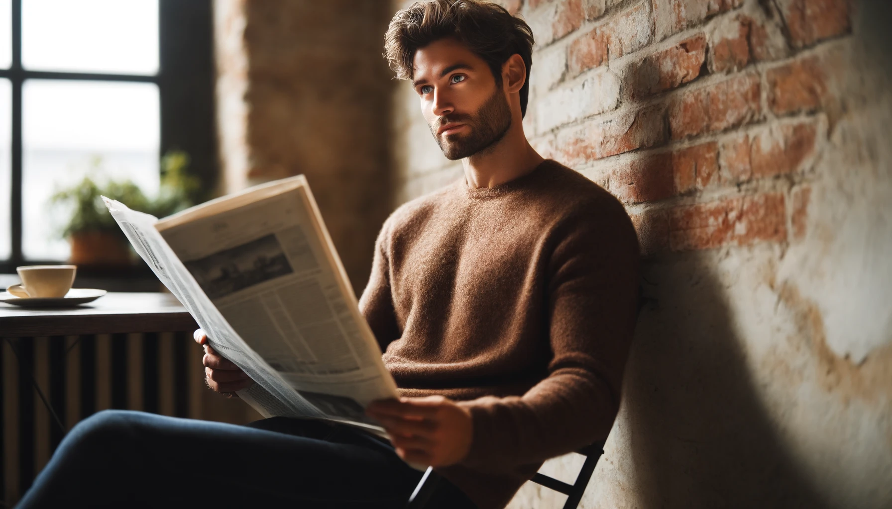 DALL·E-2024-04-19-09.06.56-Create-an-image-of-a-casually-dressed-man-sitting-on-a-chair-against-an-exposed-brick-wall-reading-a-newspaper.-He-is-wearing-a-comfortable-textured