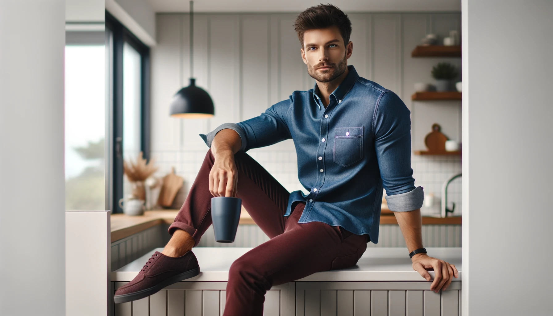DALL·E-2024-04-19-09.14.04-Create-a-lifestyle-image-of-a-casually-dressed-man-sitting-on-a-counter-in-a-bright-modern-kitchen.-He-is-wearing-a-classic-denim-shirt-and-burgundy-
