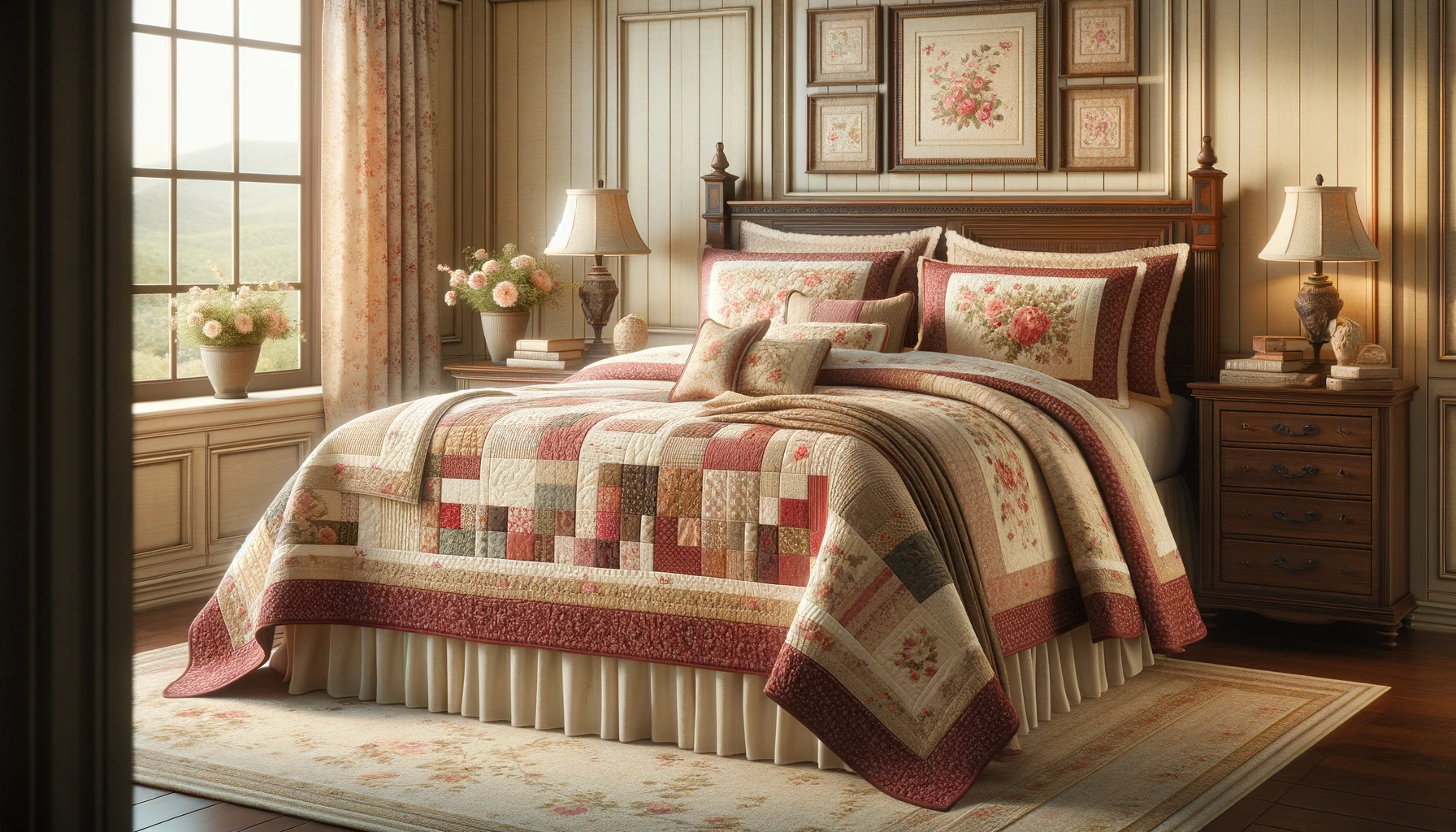 DALL·E-2024-04-19-09.24.20-Create-an-image-of-a-traditional-bedroom-setting-showcasing-an-elegant-quilted-bedspread-with-a-patchwork-design.-The-bedspread-should-have-a-variety