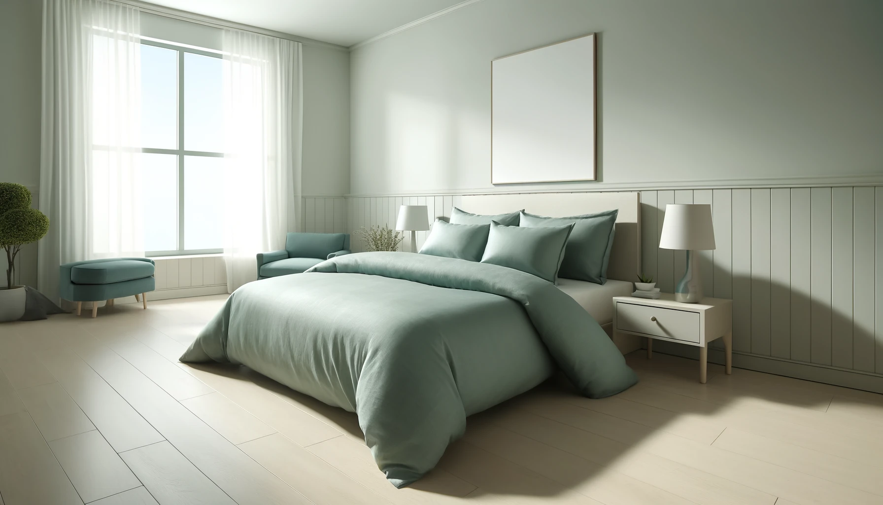 DALL·E-2024-04-19-09.46.01-Create-an-image-of-a-contemporary-bedroom-featuring-a-neatly-made-bed-with-a-soft-seafoam-green-duvet-cover.-The-bed-has-matching-pillow-shams-and-is-