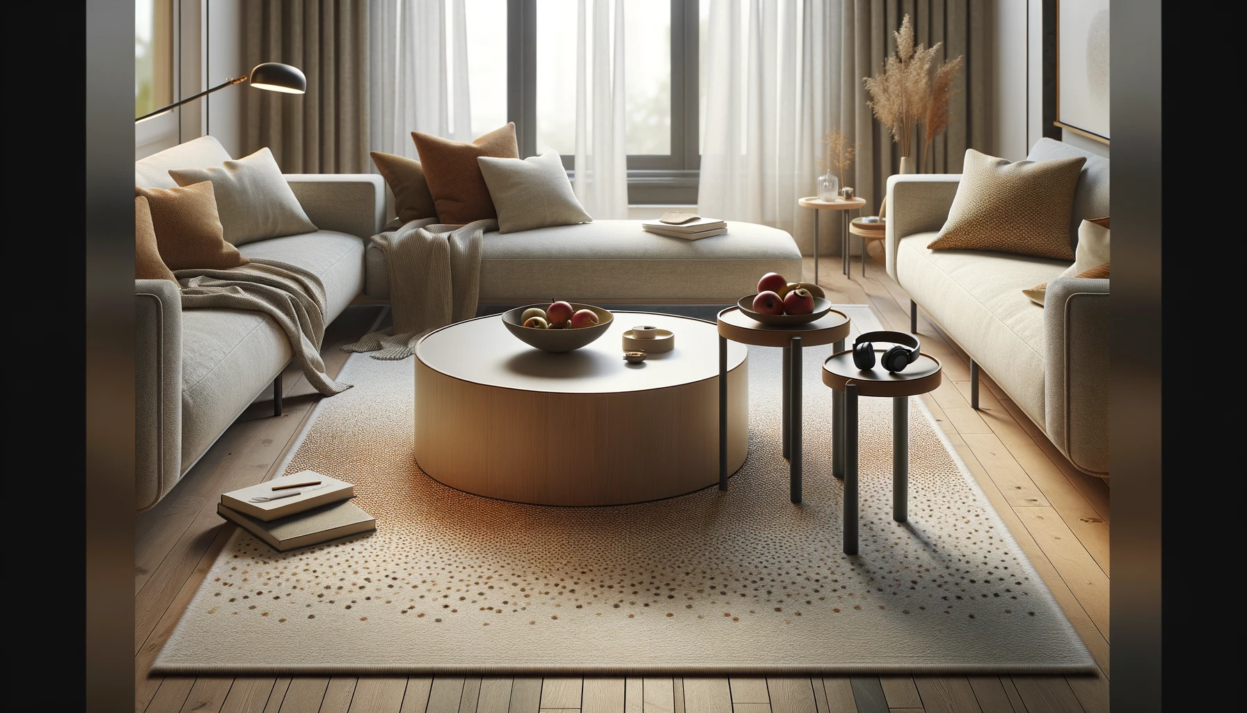 DALL·E-2024-04-19-09.52.04-Create-an-image-of-a-modern-living-room-interior-with-a-large-area-rug-on-a-wooden-floor.-The-rug-has-a-contemporary-design-with-an-off-white-base-and