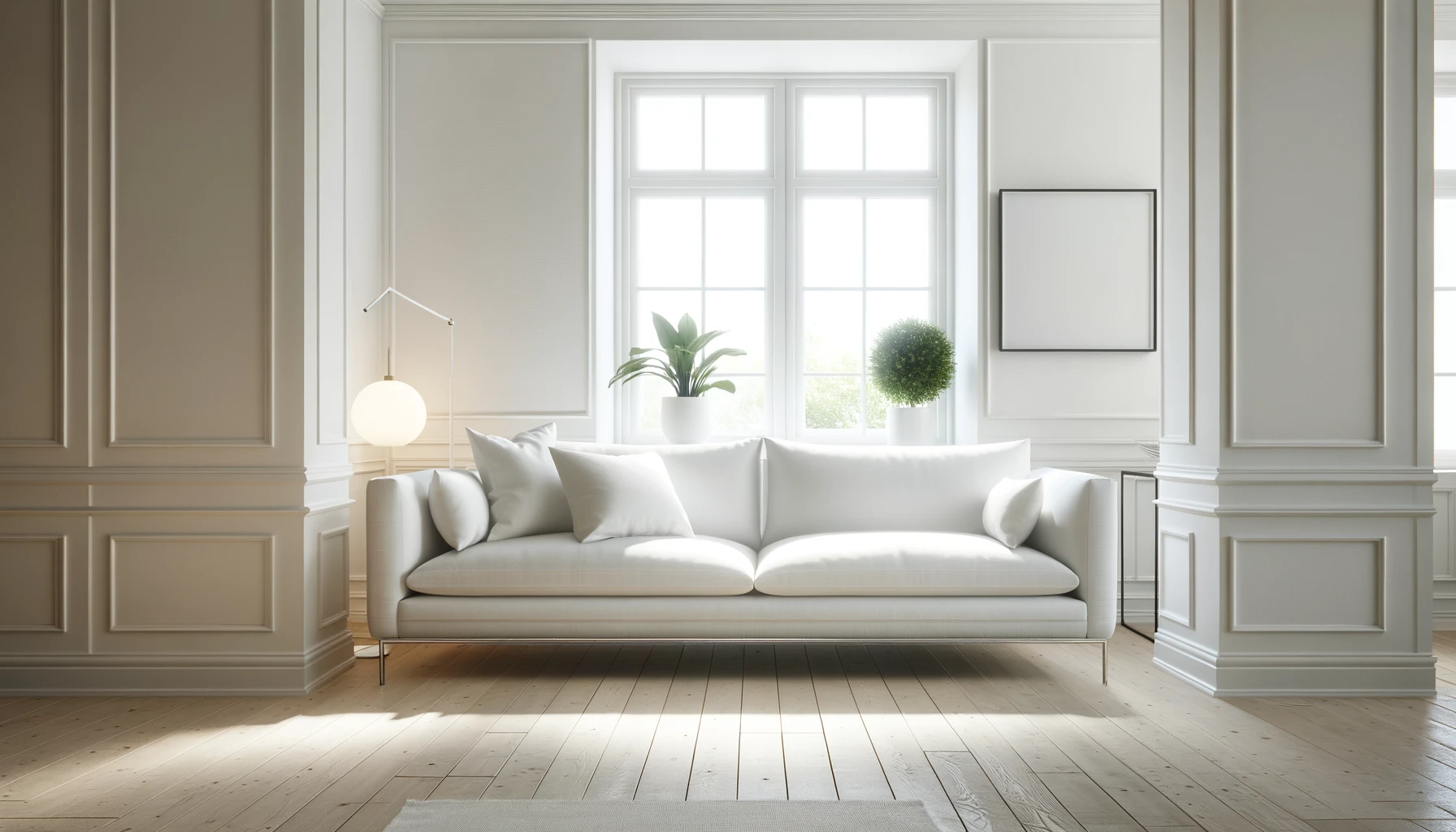 DALL·E-2024-04-19-10.09.16-Create-an-image-of-a-minimalist-modern-living-room-featuring-a-sleek-white-sofa-with-clean-lines.-The-sofa-should-have-a-smooth-fabric-and-be-adorned-