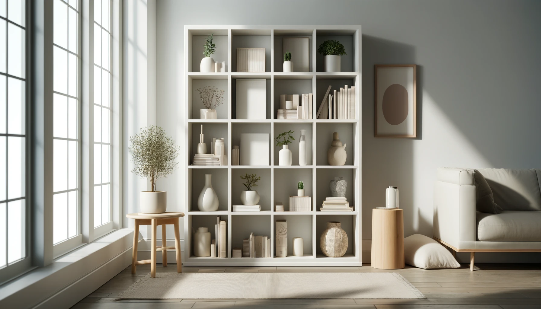 DALL·E-2024-04-19-10.48.49-Create-a-16_9-high-definition-image-of-a-contemporary-bookshelf-in-a-bright-well-lit-room.-The-bookshelf-should-be-white-with-a-matte-finish-standin