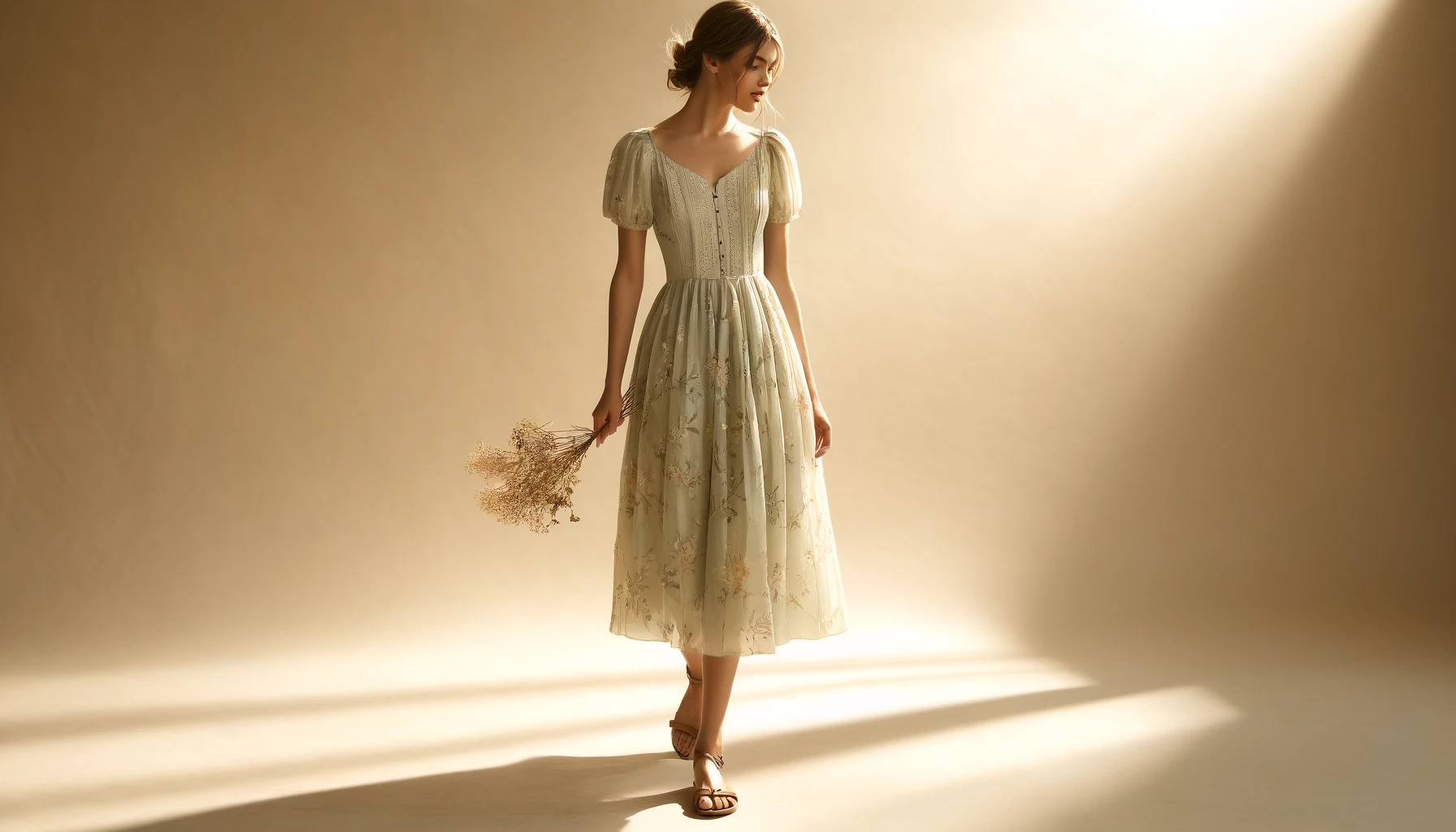 DALL·E-2024-04-19-12.56.49-Create-an-image-of-a-female-model-in-a-summery-mid-calf-length-dress-with-a-fresh-and-airy-design.-The-dress-should-have-a-light-green-color-with-del