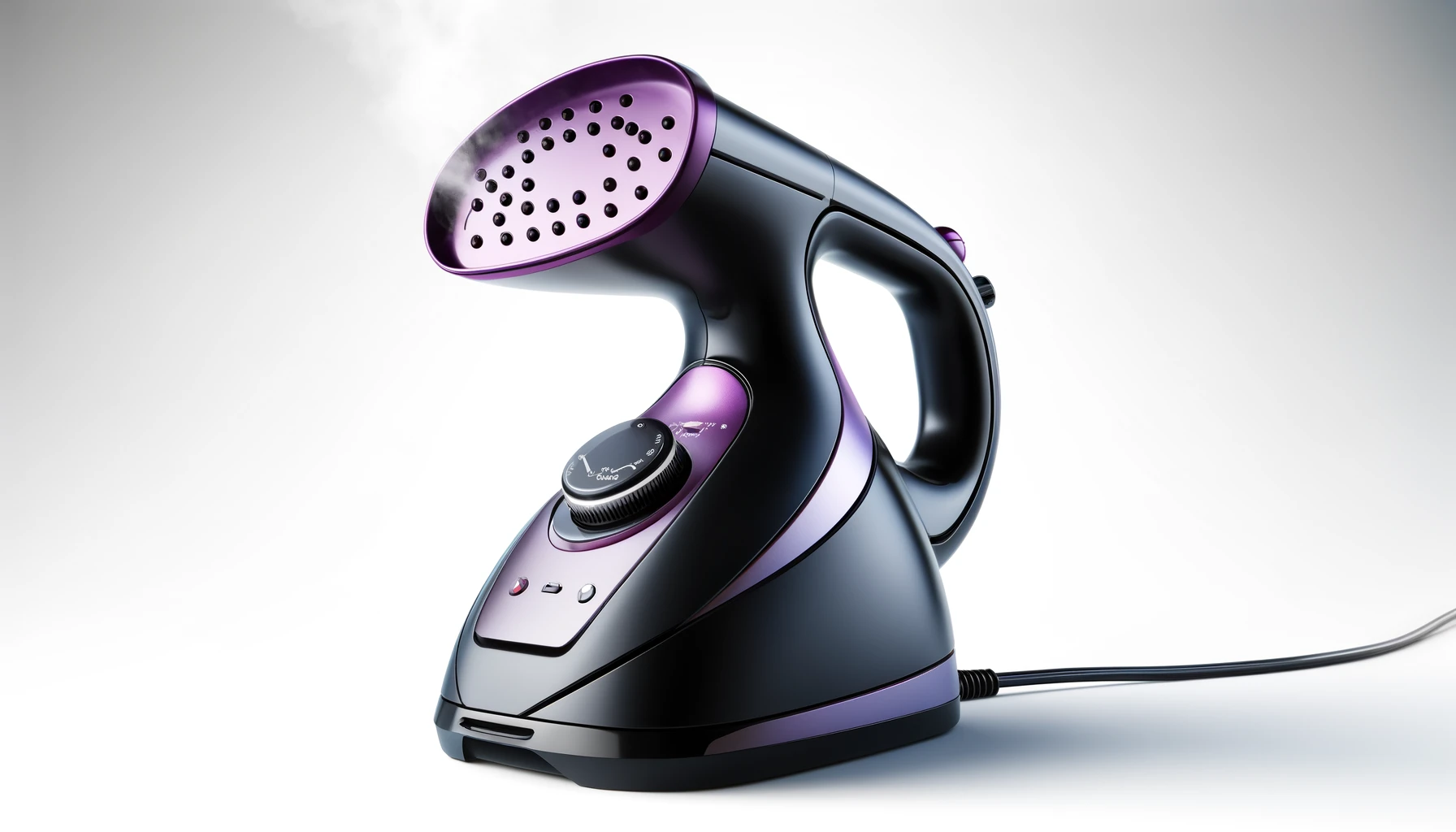 DALL·E-2024-04-19-12.58.47-A-modern-portable-garment-steamer-with-a-sleek-design-featuring-a-black-and-purple-color-scheme.-The-steamer-has-an-ergonomic-shape-with-a-contoured-