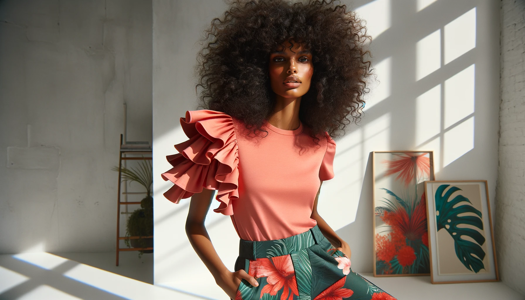 DALL·E-2024-04-19-13.02.19-Create-an-image-of-a-female-model-with-voluminous-curly-afro-hair-in-a-bright-casual-setting.-The-model-should-wear-a-vibrant-coral-pink-t-shirt-with