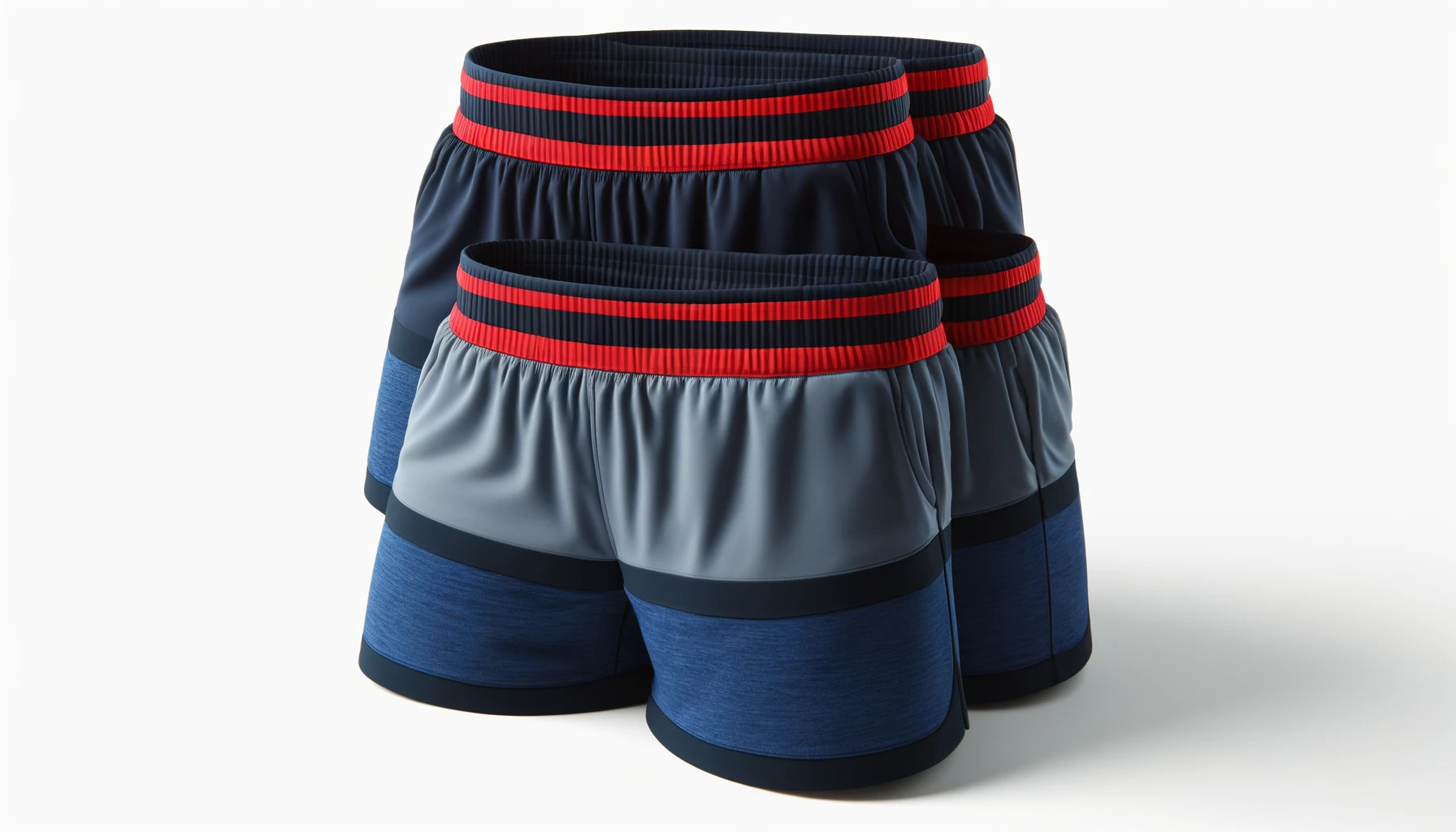 DALL·E-2024-04-19-13.40.54-Create-an-image-of-a-stack-of-three-athletic-shorts-neatly-placed.-The-top-pair-should-be-navy-blue-with-a-contrasting-bright-red-elastic-waistband.-