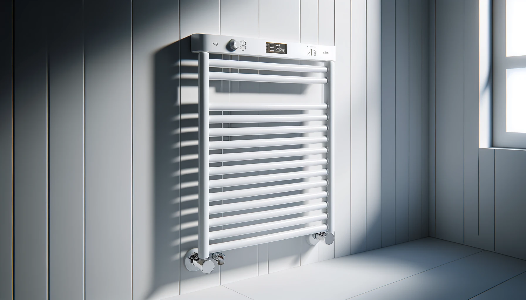 DALL·E-2024-04-19-13.47.58-A-modern-white-bathroom-radiator-with-a-timer-measuring-80x50x15-cm.-The-design-features-multiple-horizontal-bars-for-hanging-towels-which-are-evenl