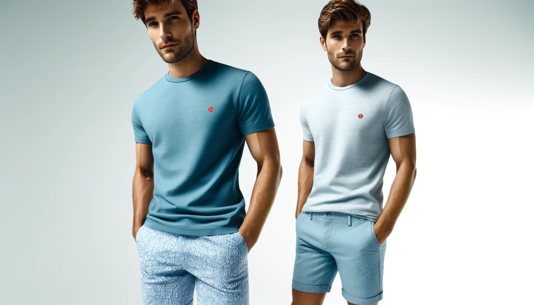 DALL·E-2024-04-19-13.50.40-Generate-an-image-of-a-male-model-in-a-relaxed-summer-outfit.-He-should-be-wearing-a-plain-blue-t-shirt-with-a-small-red-logo-on-the-chest.-Accompany