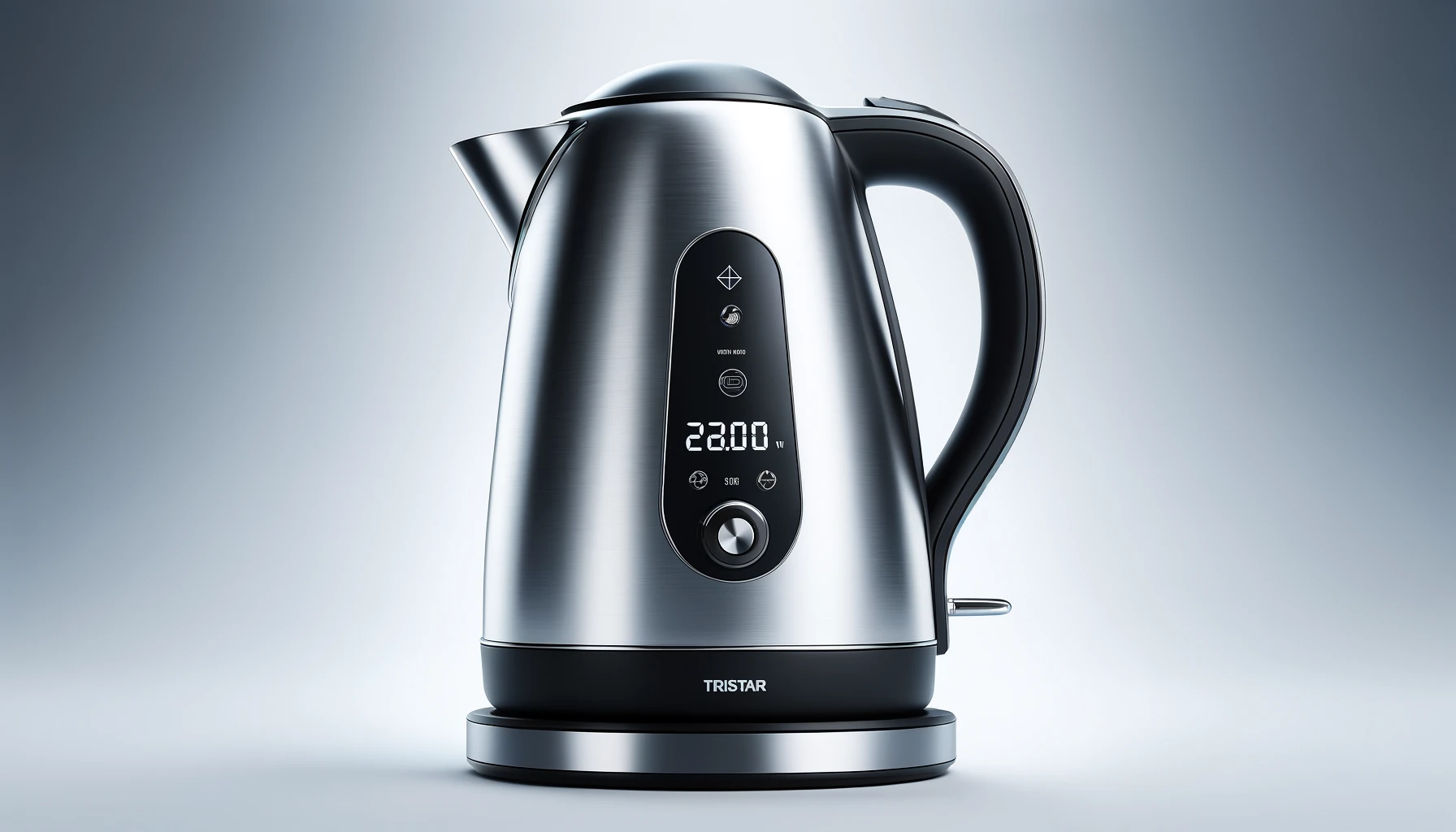 DALL·E-2024-04-19-14.16.04-A-sleek-digital-kettle-by-Tristar-model-WK-3403-with-a-power-of-2200W.-The-kettle-has-a-stainless-steel-body-with-a-brushed-silver-finish-and-black-