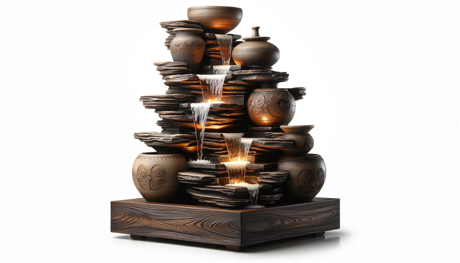 DALL·E-2024-04-19-15.44.50-An-indoor-fountain-crafted-from-polyresin-featuring-a-design-that-mimics-natural-stone-and-pottery.-The-fountain-consists-of-stacked-elements-that-re