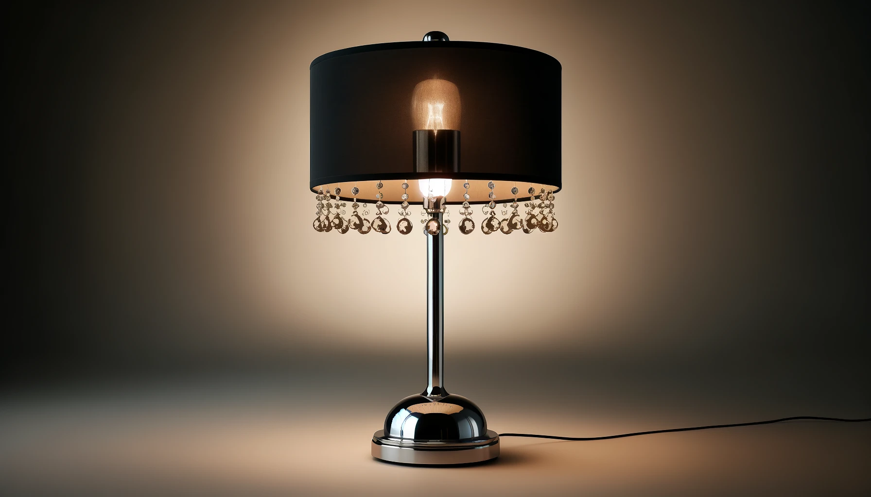 DALL·E-2024-04-19-16.34.23-An-elegant-table-lamp-with-a-modern-design.-The-lamp-has-a-shiny-chrome-base-and-stand.-It-features-a-round-black-lampshade-with-a-slight-sheen-sugge