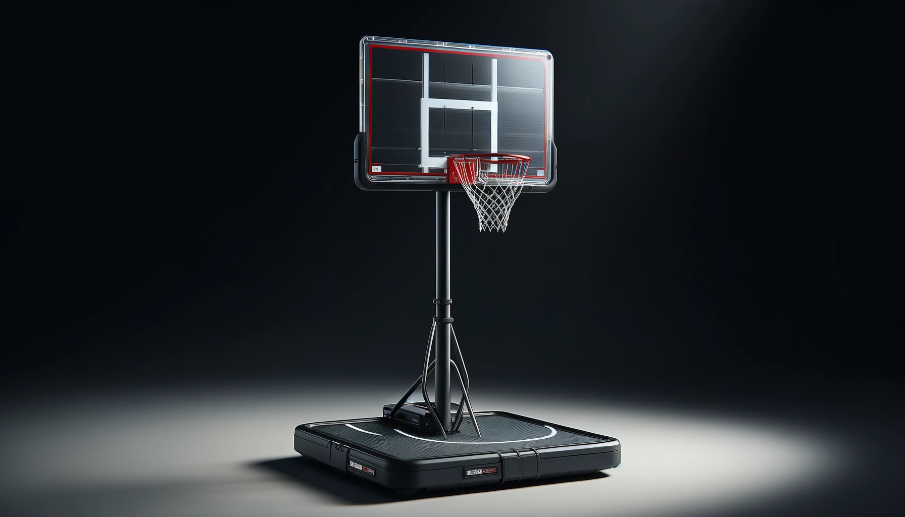 DALL·E-2024-04-19-16.43.51-A-portable-basketball-hoop-system-with-a-clear-rectangular-polycarbonate-backboard.-The-hoop-is-equipped-with-a-red-white-and-blue-net-and-a-black-