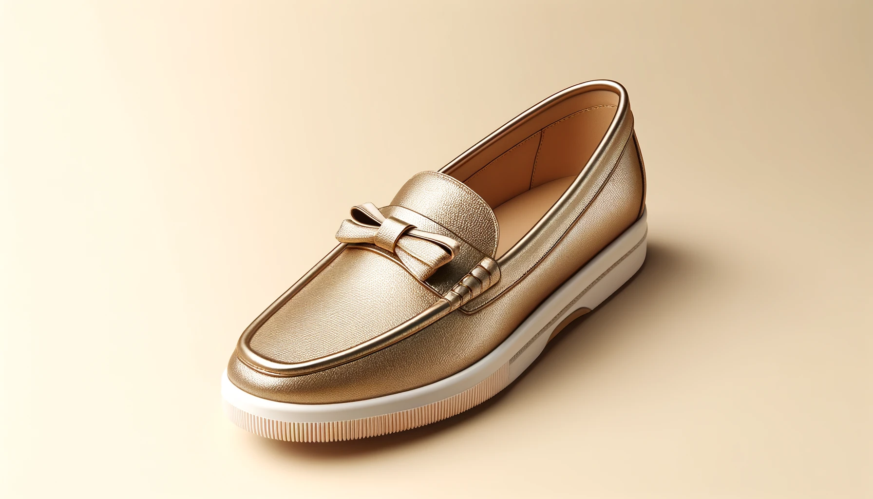 DALL·E-2024-04-19-18.49.42-Generate-a-16_9-aspect-ratio-image-that-features-a-single-elegant-loafer.-The-loafer-should-have-a-metallic-gold-finish-with-a-classic-design-includi