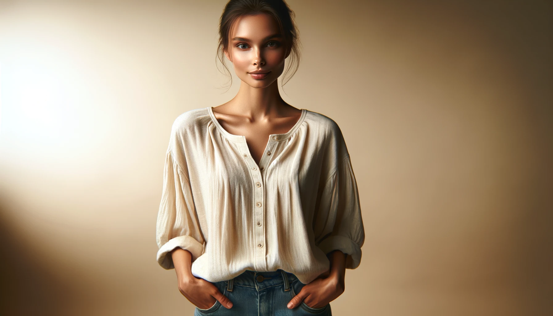 DALL·E-2024-04-22-08.39.58-A-photograph-style-image-of-a-woman-standing-against-a-beige-background.-The-woman-has-a-confident-posture-wearing-a-loose-fitting-elbow-length-crea